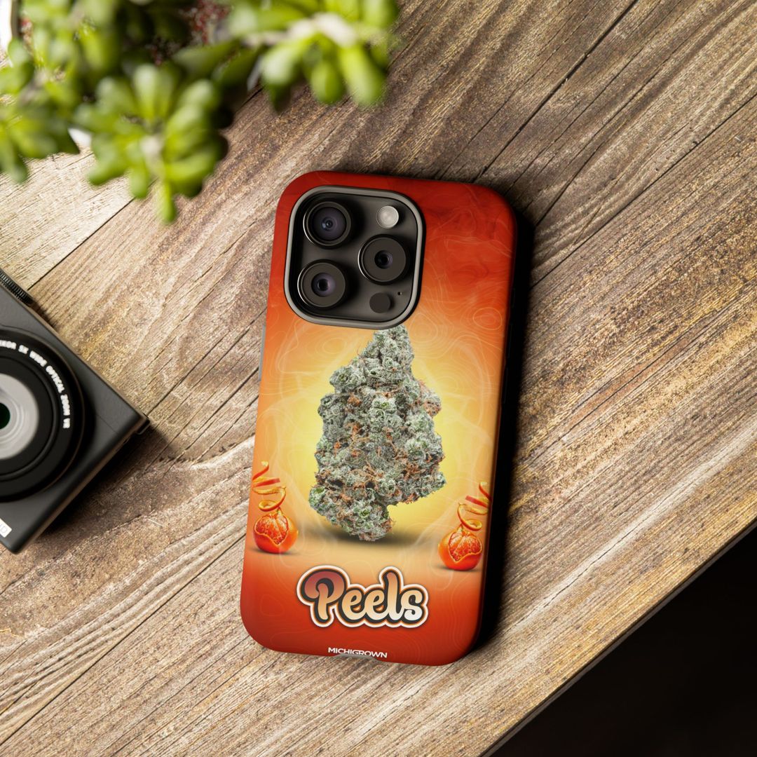 Phone case with cannabis bud design and Peels logo for Michigan.