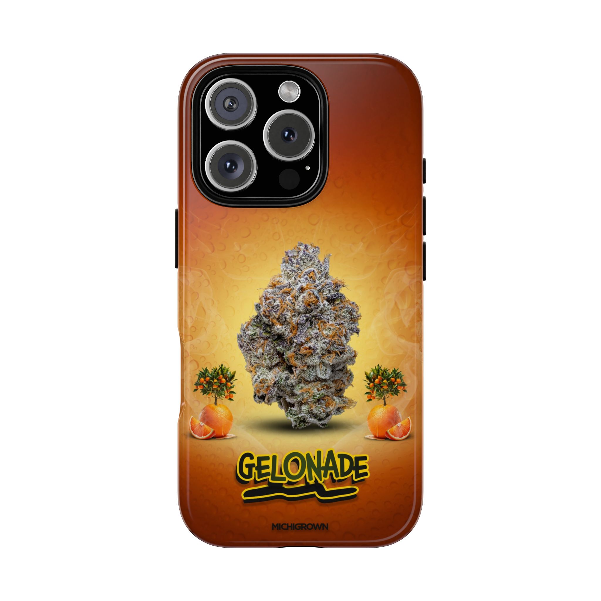 Phone case featuring cannabis bud and orange slices on a gradient background.