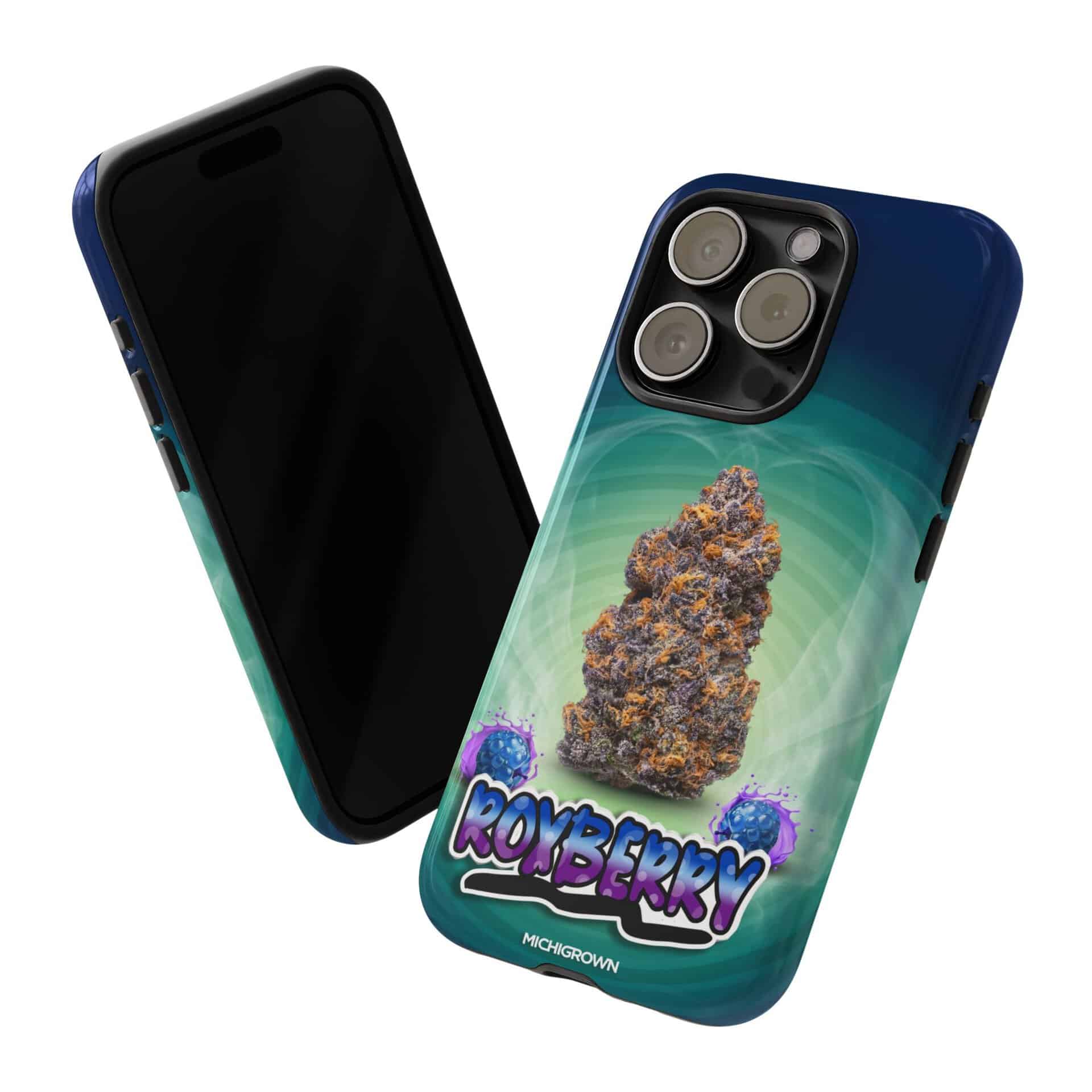 Smartphone with Roxberry phone case featuring cannabis bud graphic and Roxberry logo.