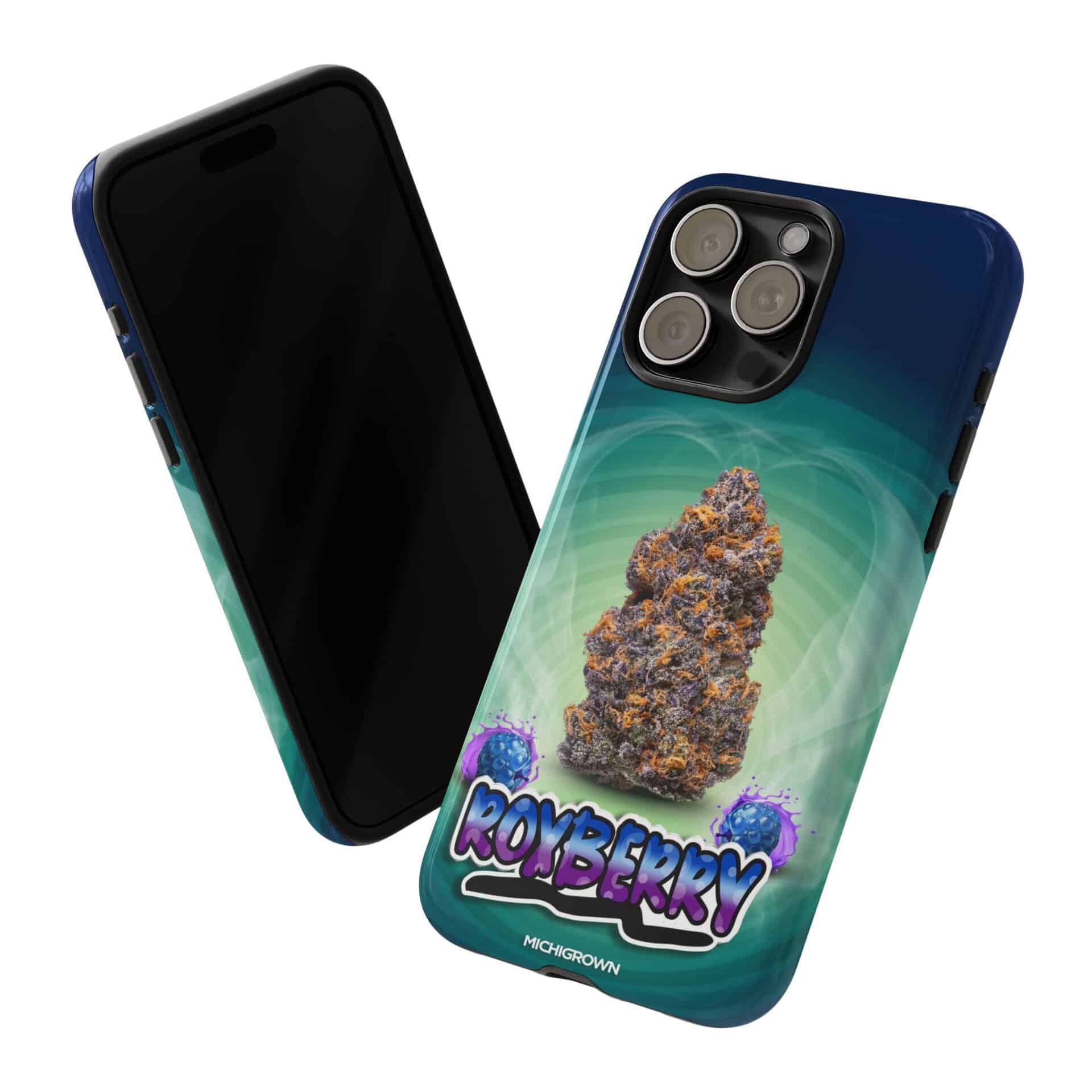 Phone case featuring Roxberry logo and cannabis graphic for iPhone.