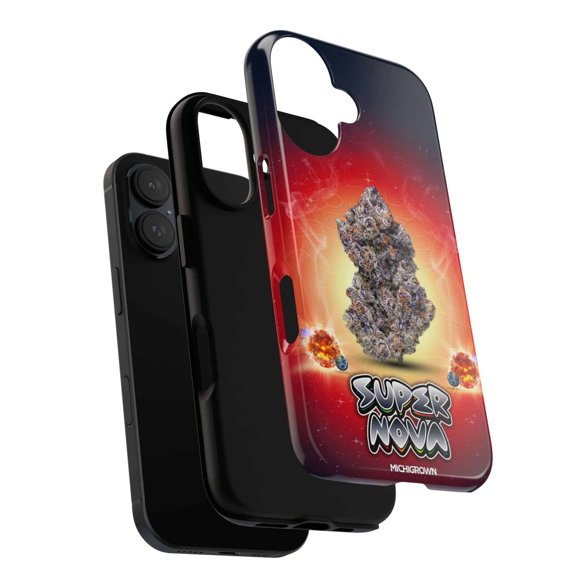Phone case with a cosmic supernova design and cannabis bud graphic.