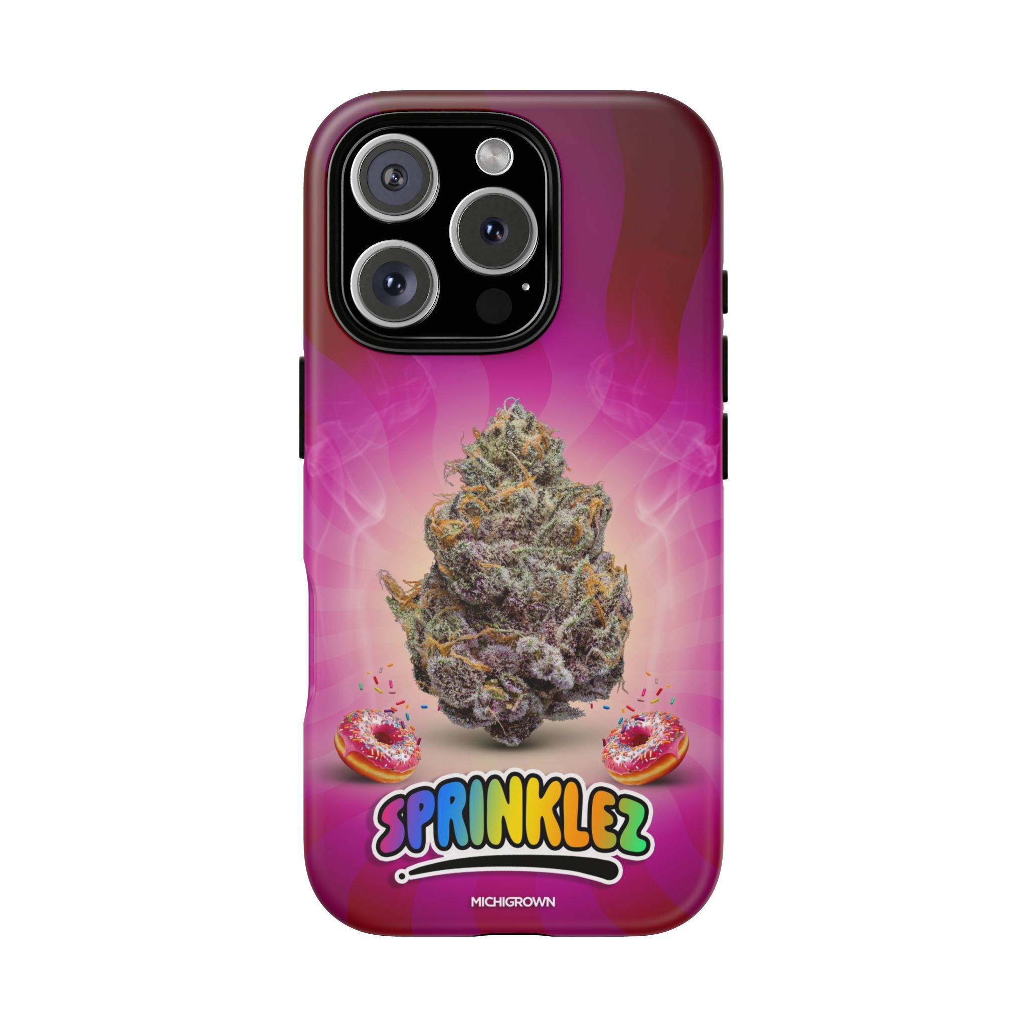 Phone case featuring a cannabis bud and Sprinklez logo on pink background.