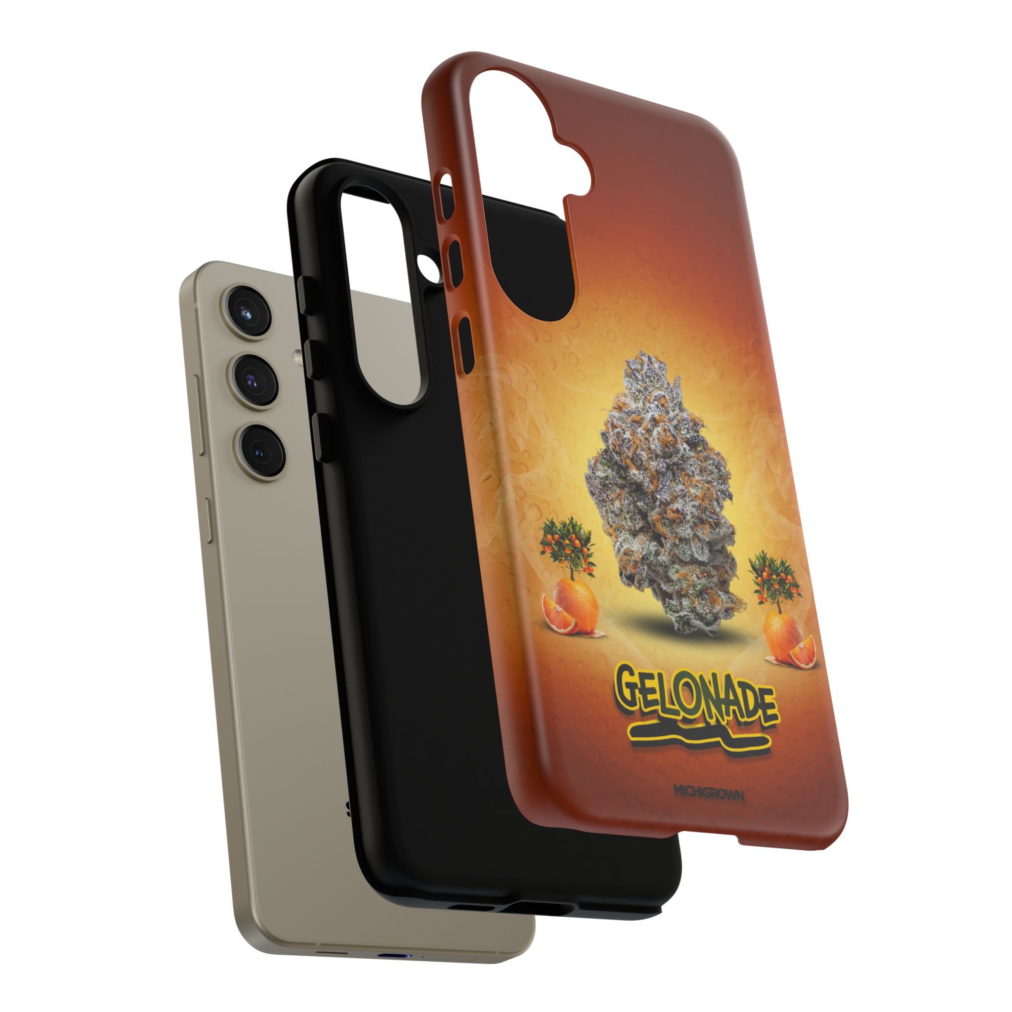 Colorful GELONADE phone case with cannabis leaf design for iPhone.