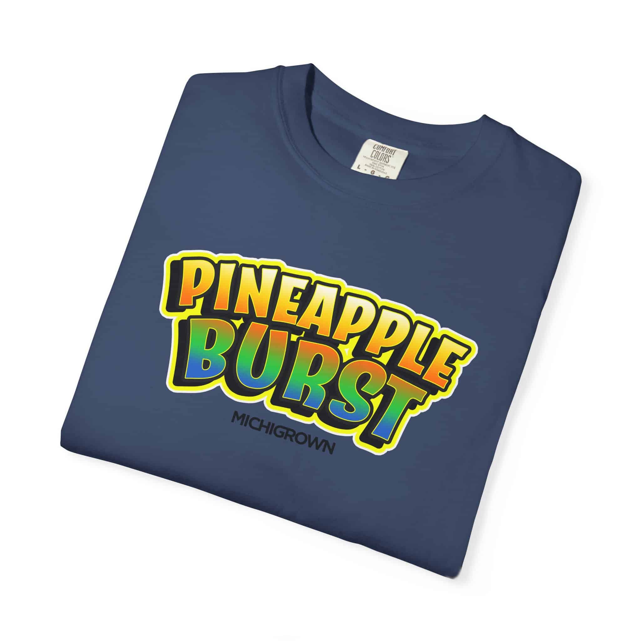 Blue T-shirt with Pineapple Burst logo in yellow, green, and blue colors.