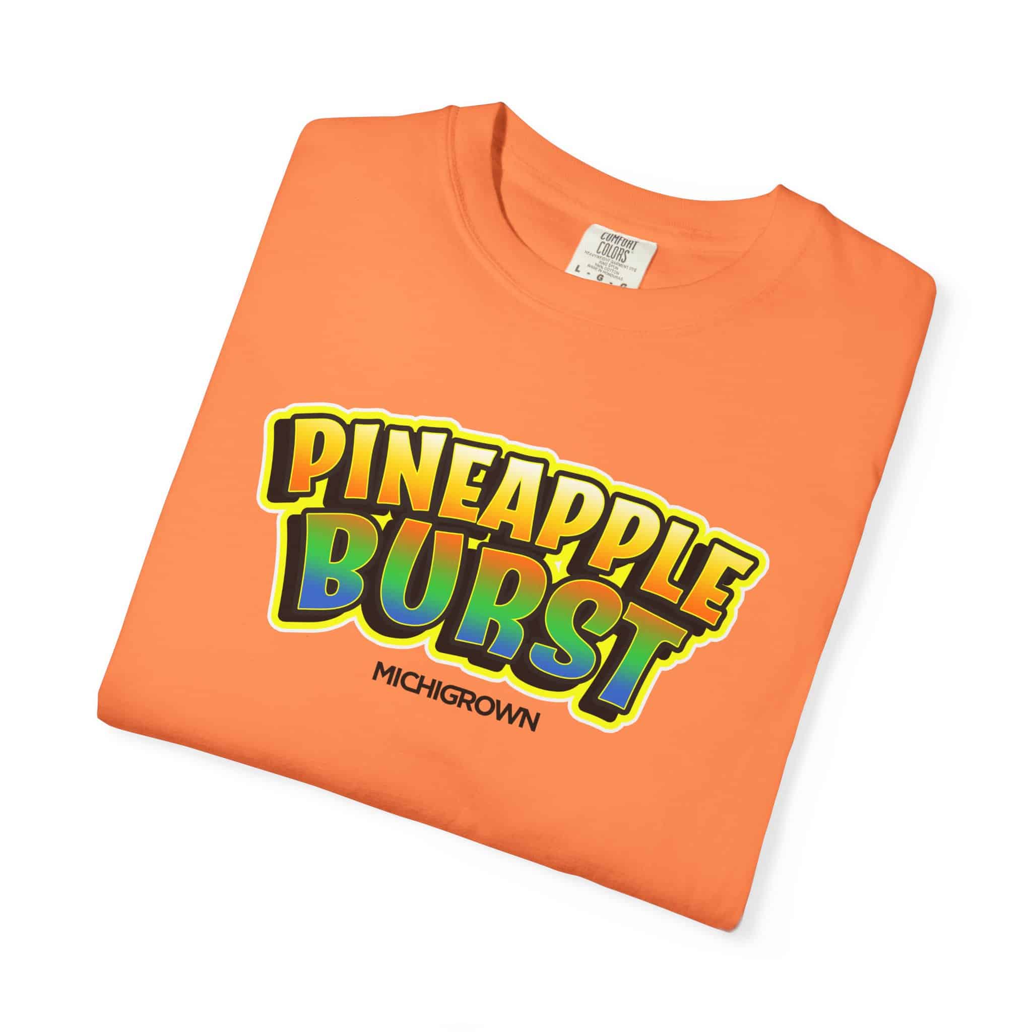 Orange T-shirt with Pineapple Burst logo and Michigrown branding.