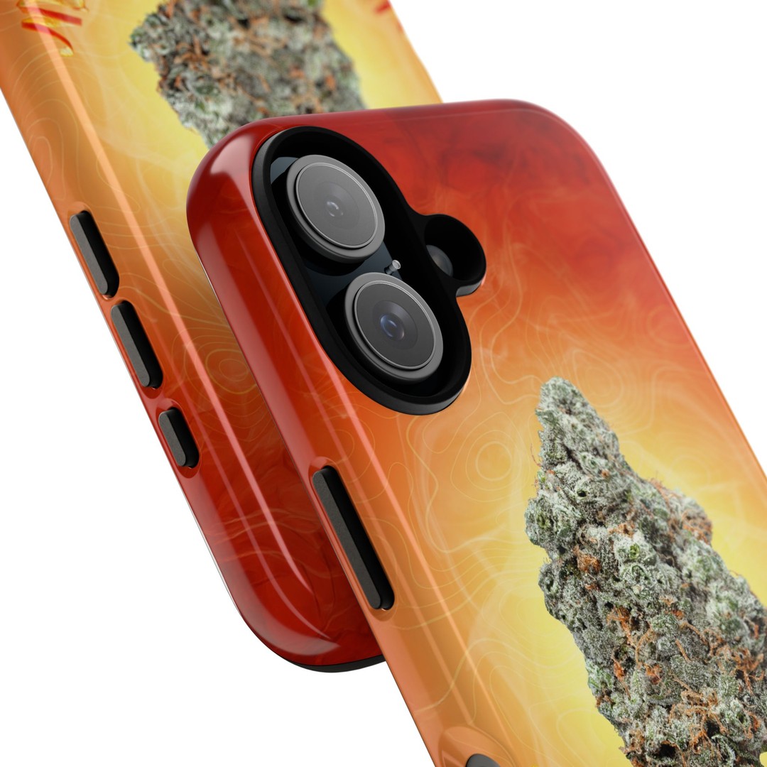 Red phone case with cannabis leaf design for iPhone.