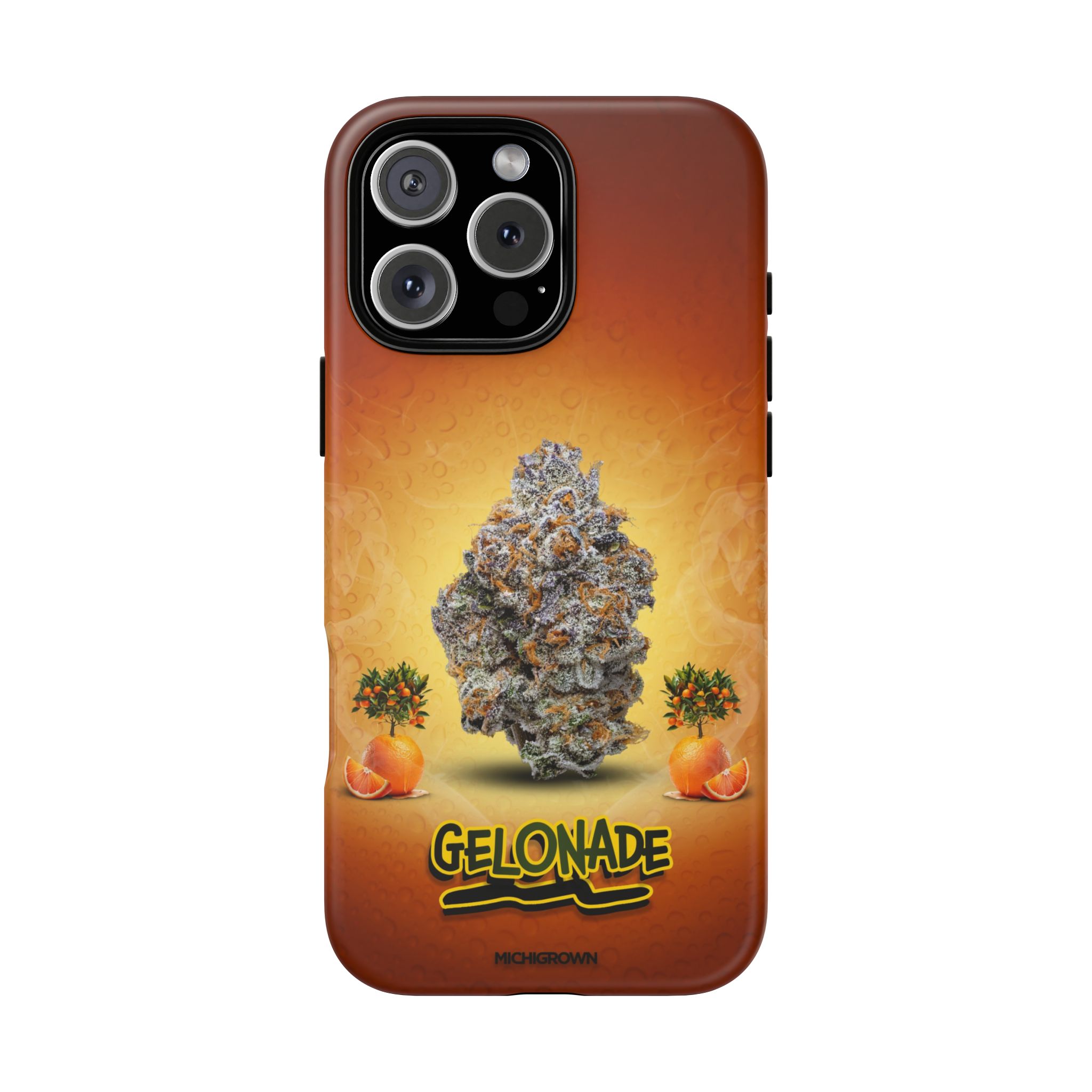 Phone case with Gelonade cannabis strain design and logo.