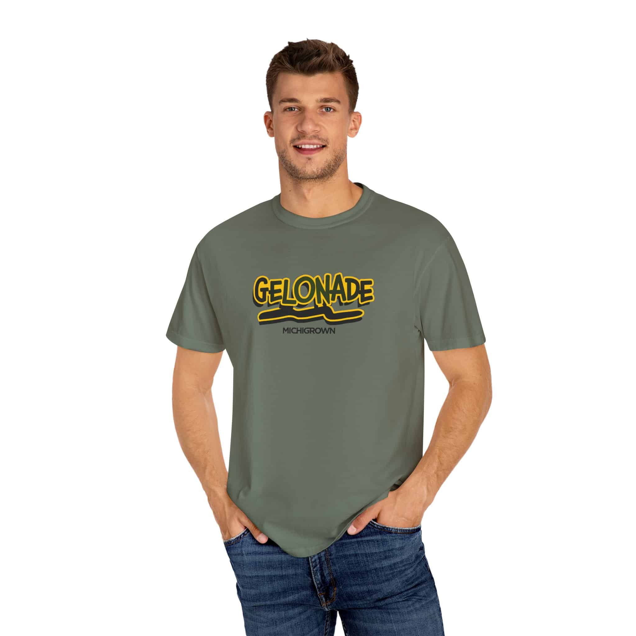Men's green Gelonade T-shirt with black and yellow logo.