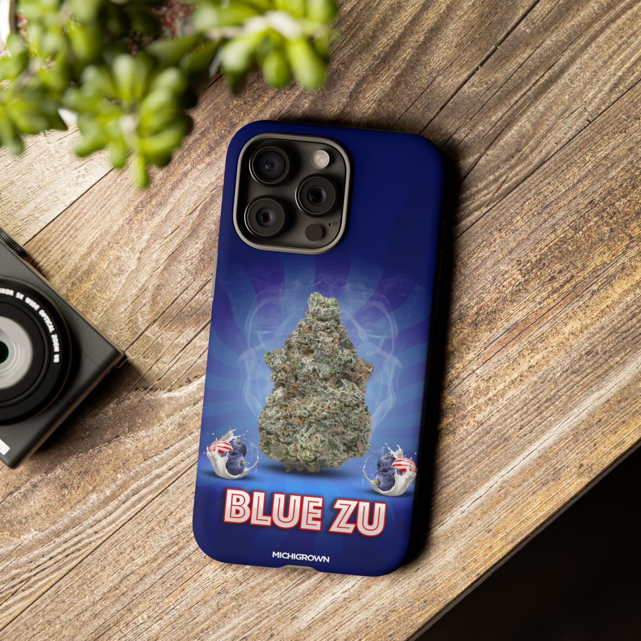 Blue Zu phone case with cannabis leaf design for iPhone.