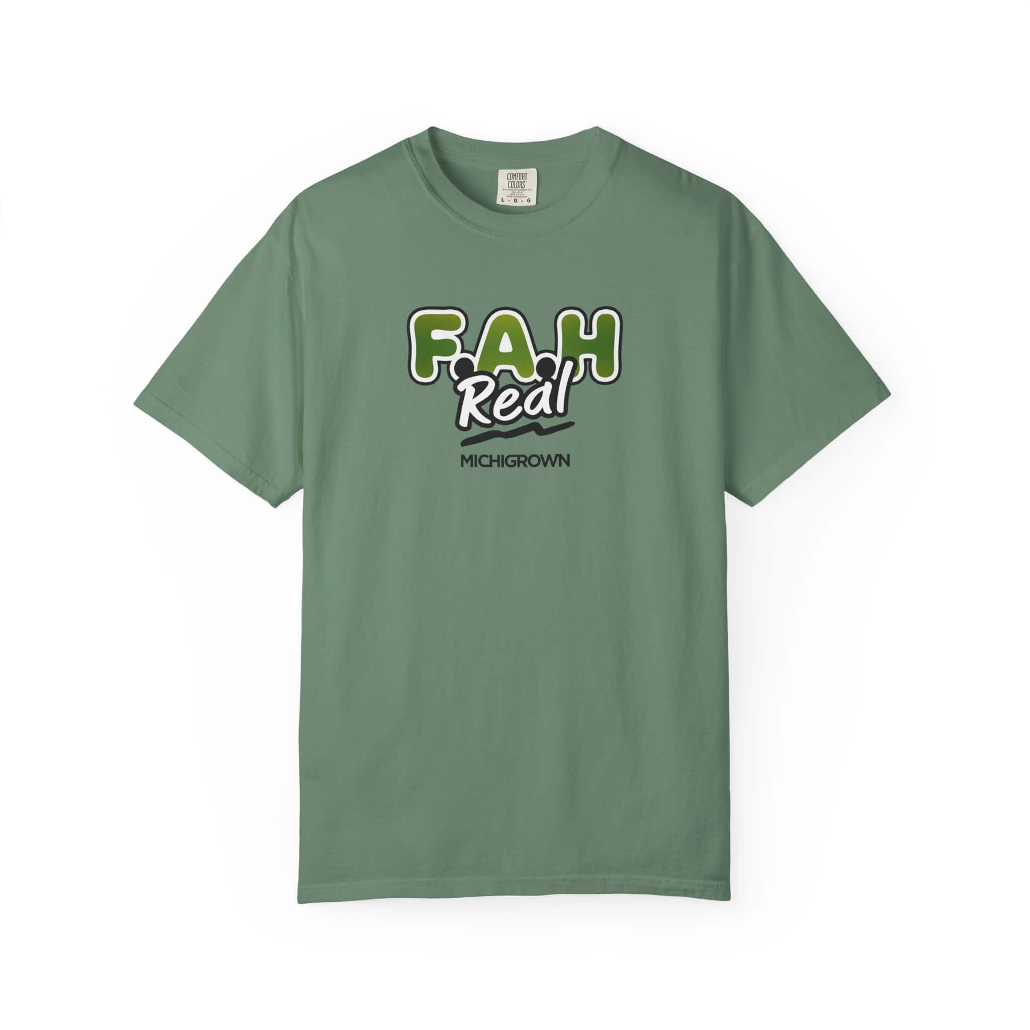 Green F.A.H. T-shirt with Michigan-themed text and graphics.