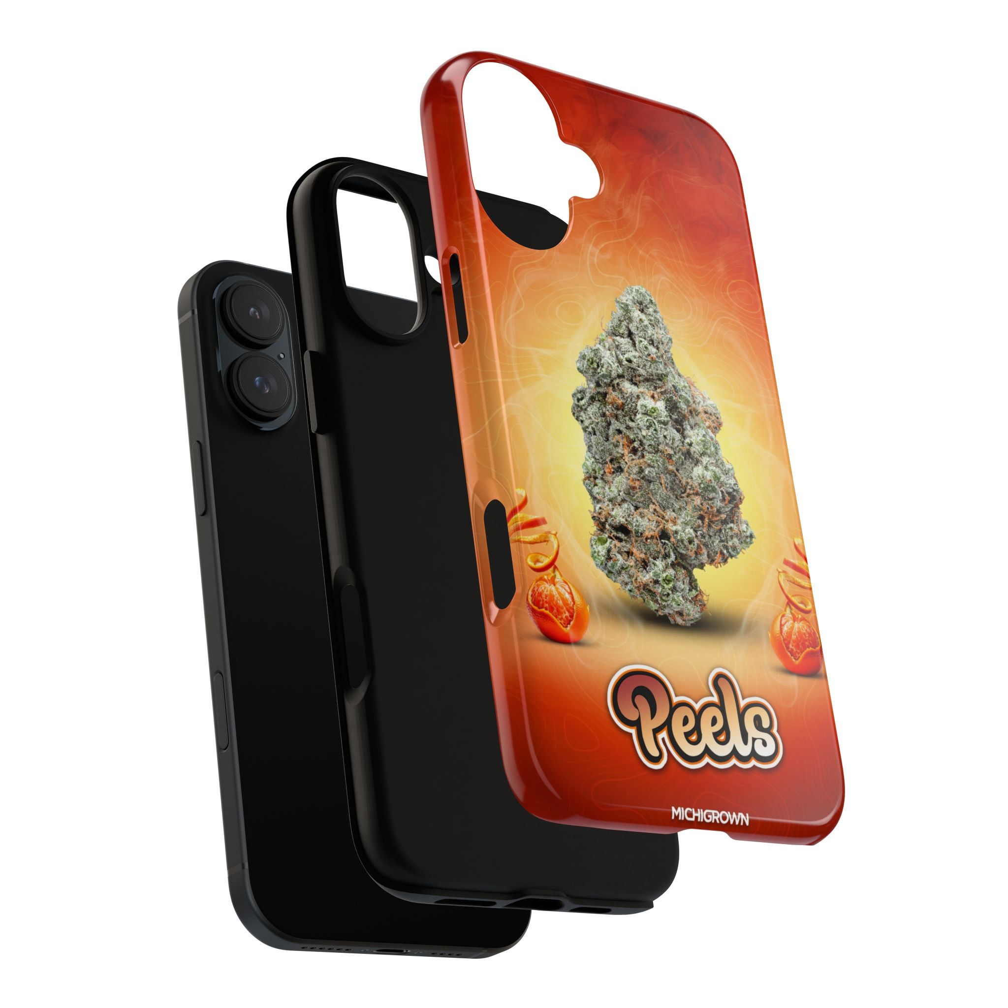 Colorful PEELS phone case with cannabis bud design for iPhone.