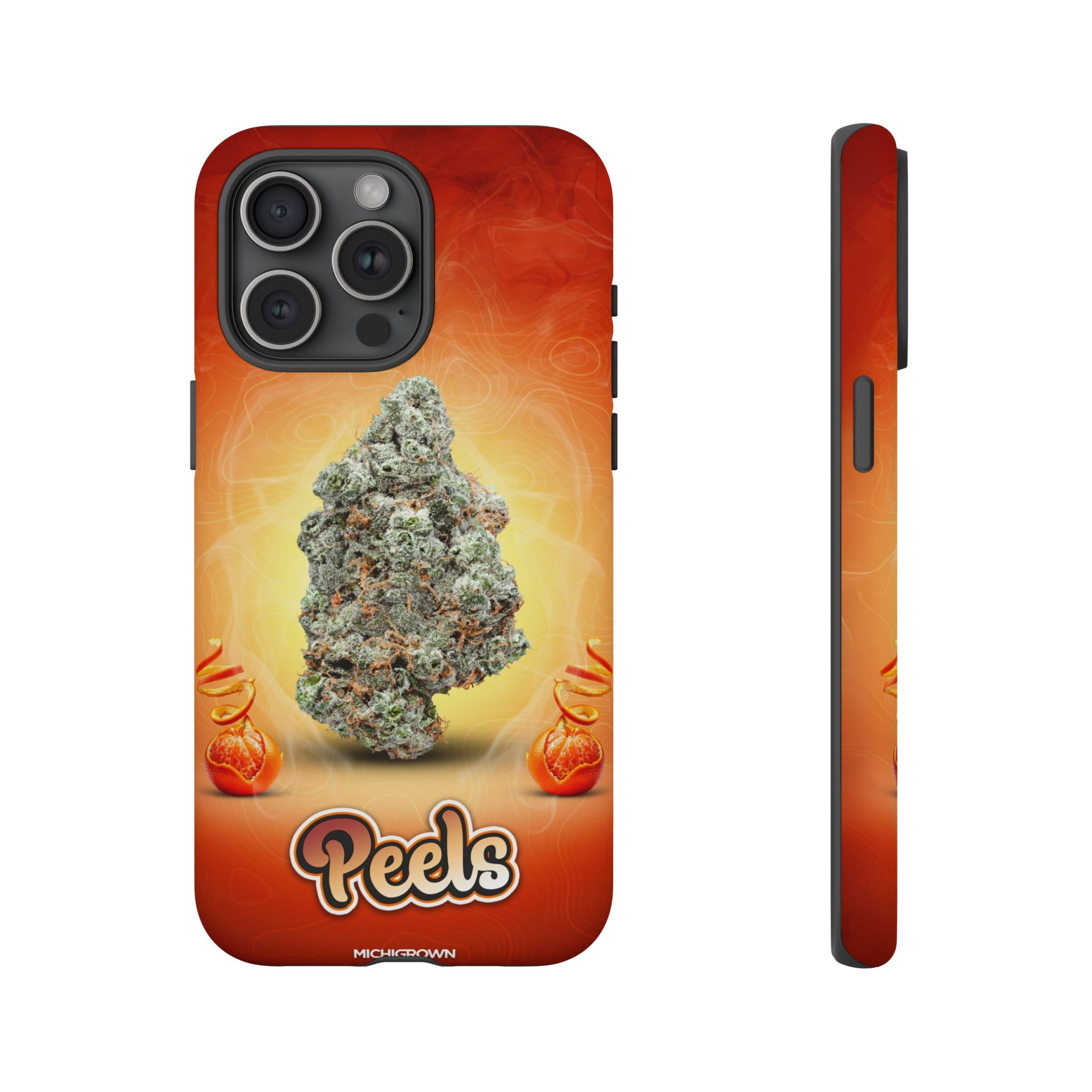 Phone case featuring cannabis bud and PEELS logo for PEELS PHONE CASE.