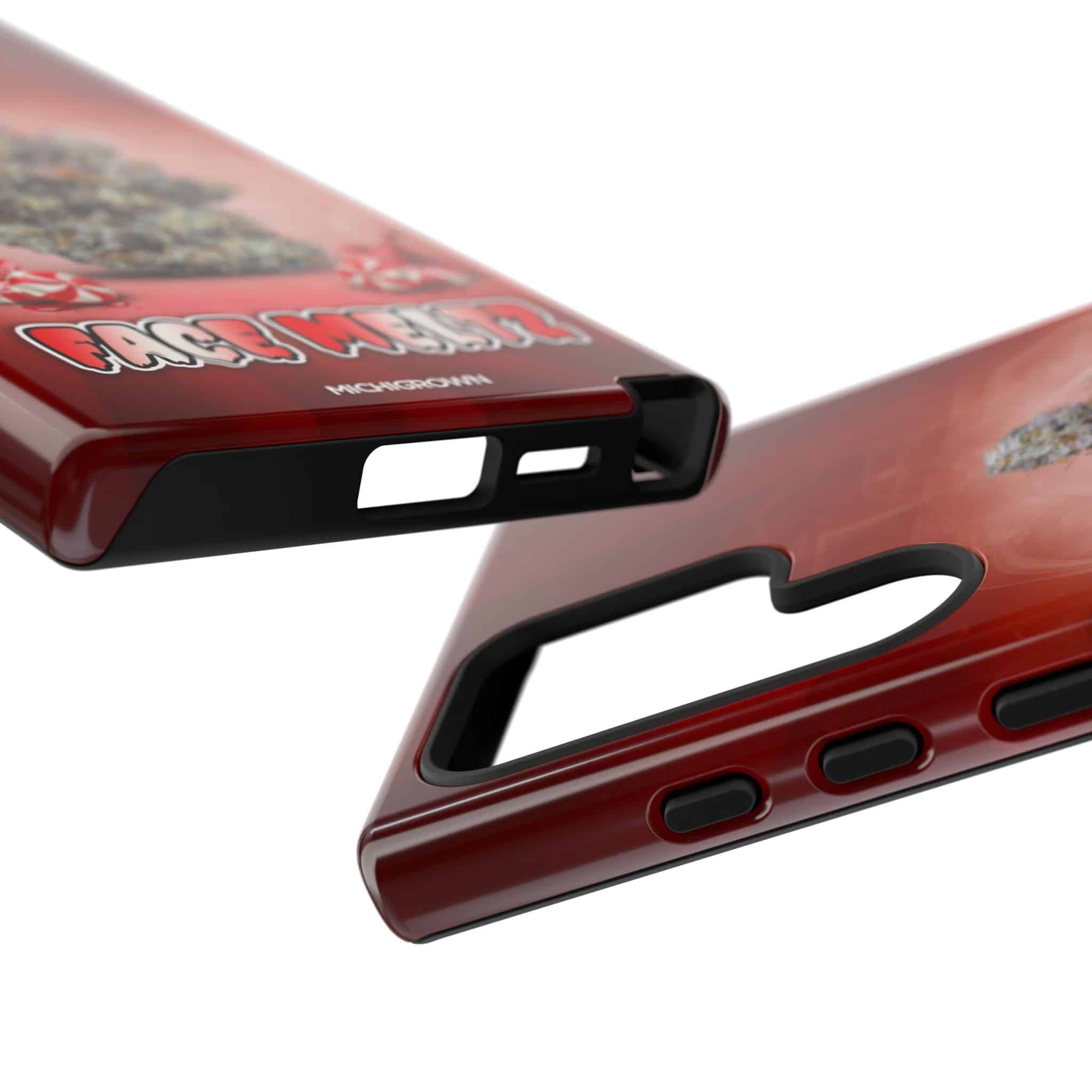 Red phone case with rugged design and cutouts for buttons and camera.