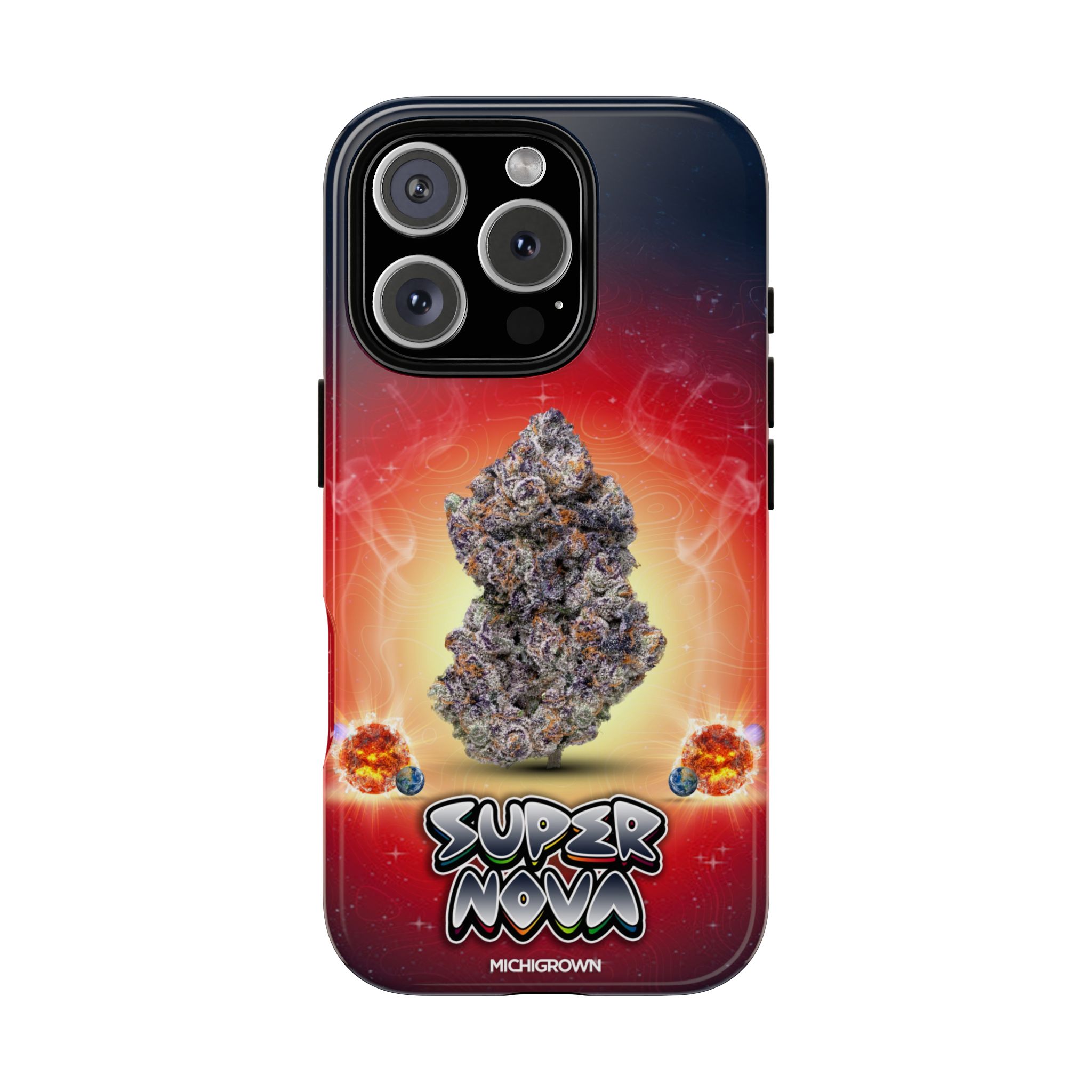 Phone case featuring a cannabis bud and cosmic background for Super Nova.