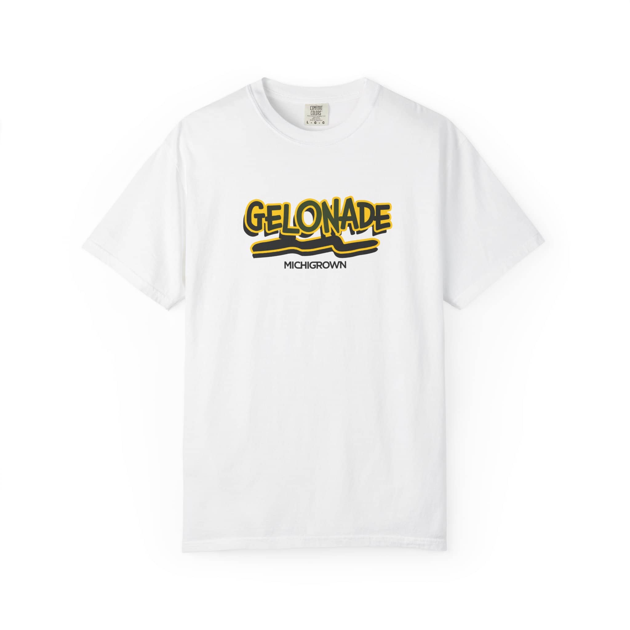 White T-shirt with Gelonade and Michigan Grown logo design.