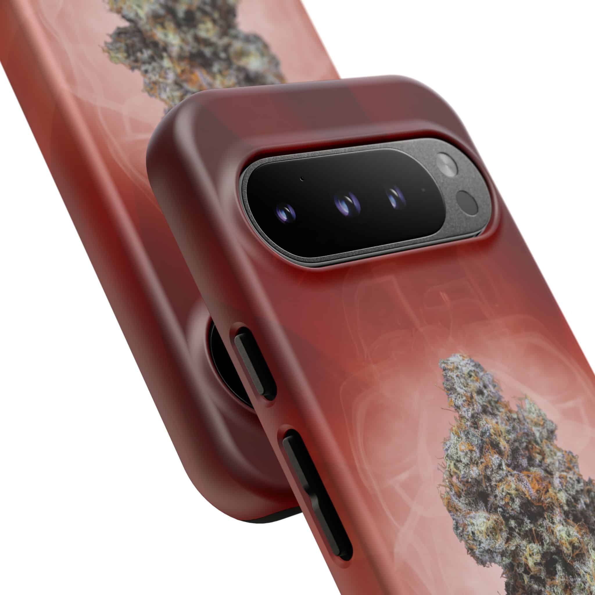 Red cannabis-themed phone case with camera cutout for iPhone.