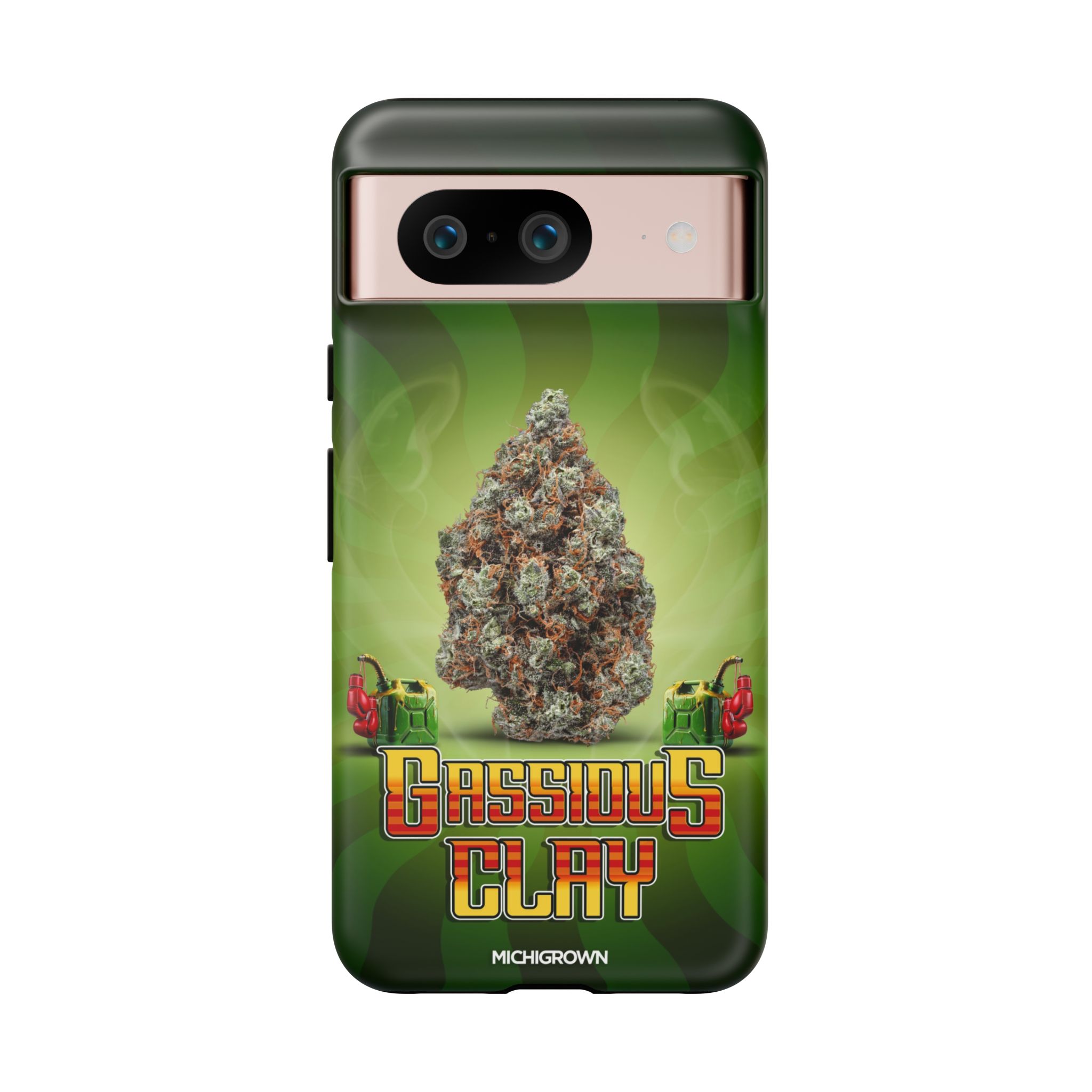 Phone case with GASSIOUS CLAY logo and cannabis leaf design.