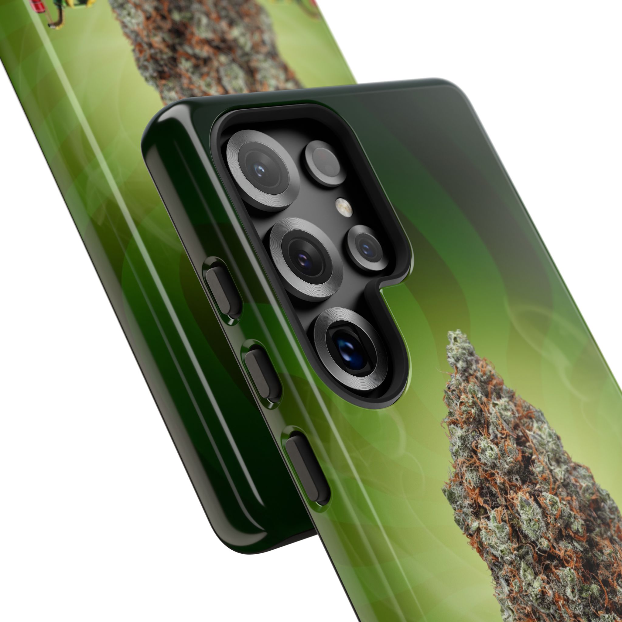 Close-up of a green phone case with cannabis leaf design.