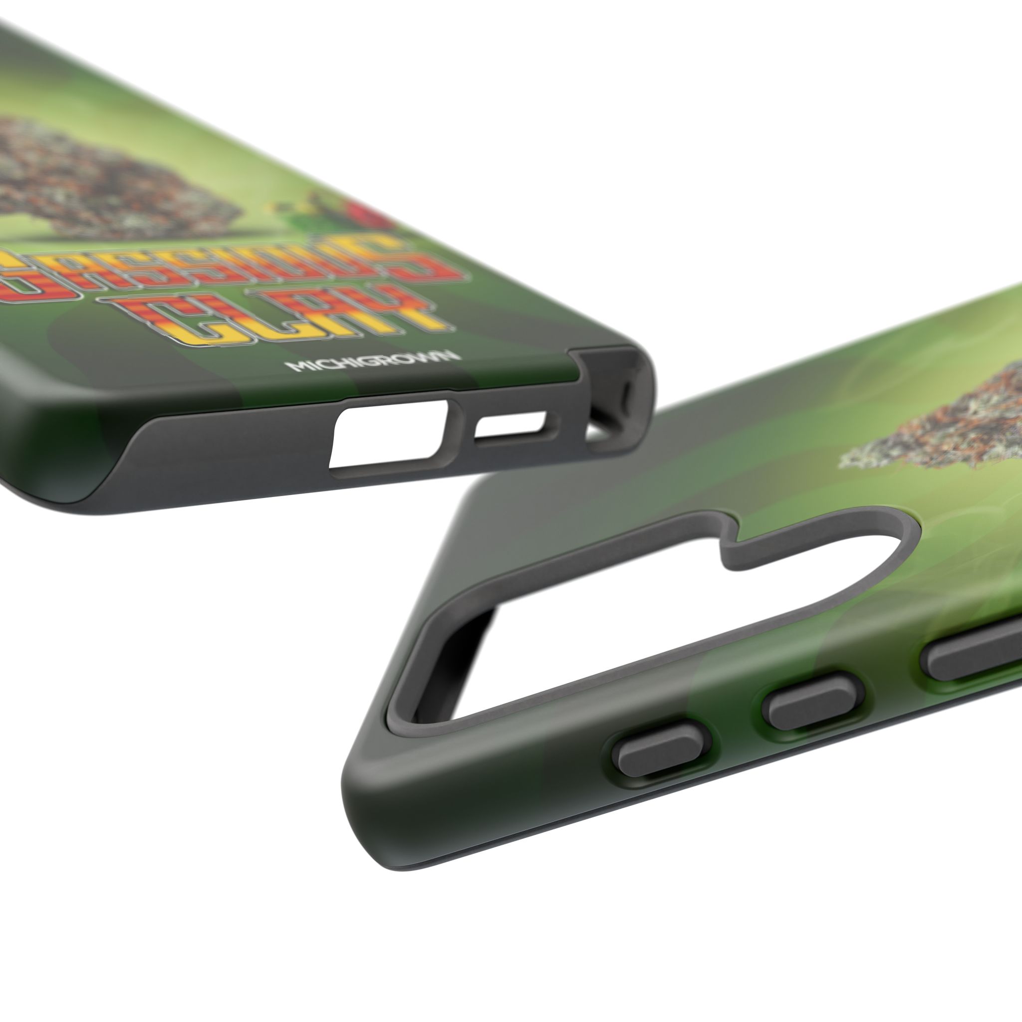Close-up of a green GASSIOUS CLAY phone case with a graphic design.