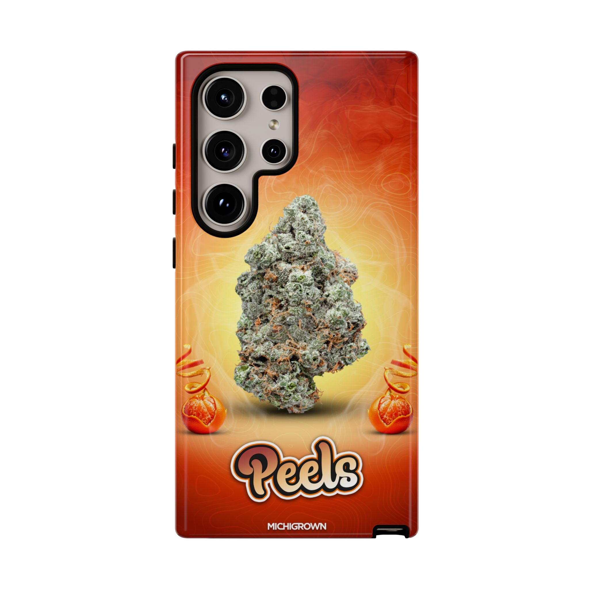 Phone case featuring cannabis buds and fiery background for PEELS PHONE CASE.