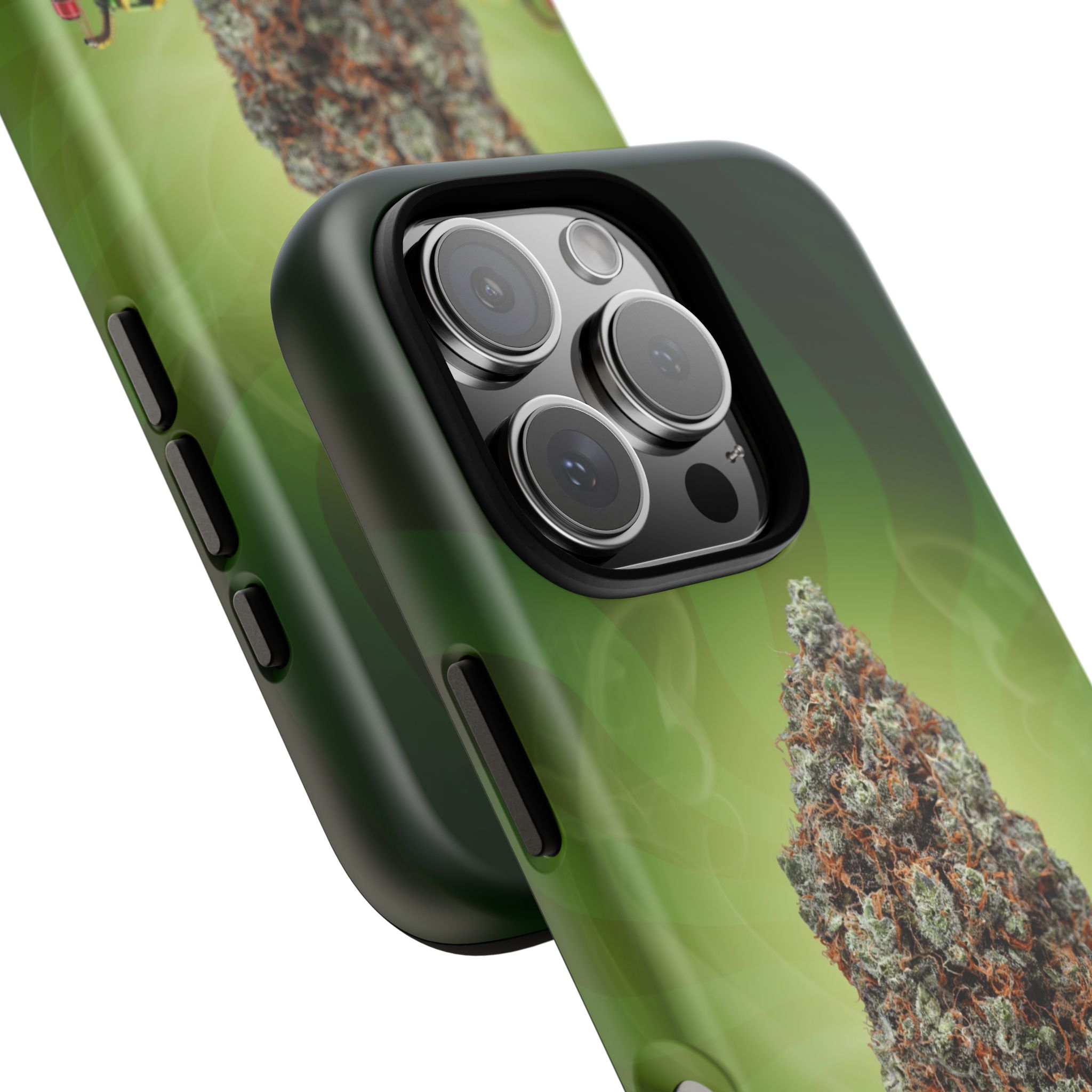 Green cannabis leaf phone case with camera cutout for iPhone.