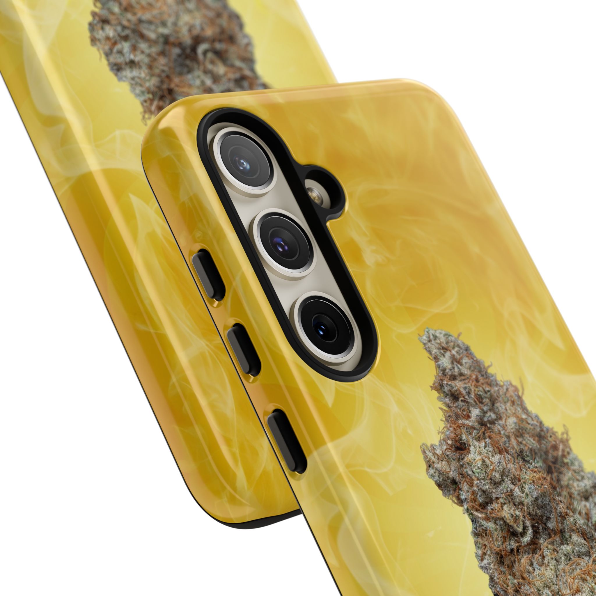 Yellow Bananaza-themed phone case with cannabis leaf design for iPhone.