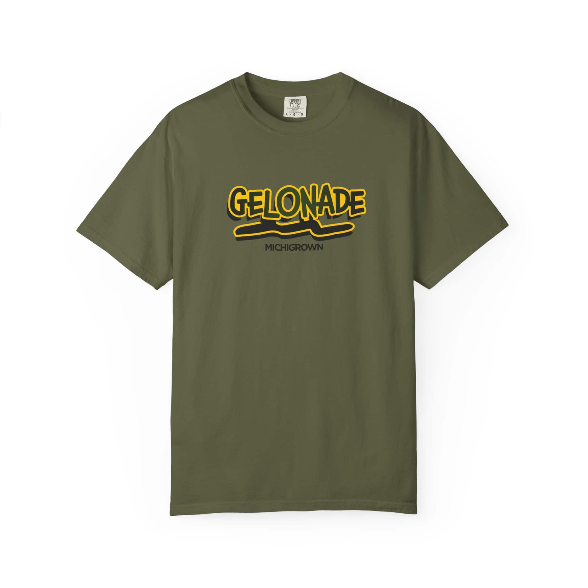 Olive green T-shirt with Gelonade and Michigan logo in yellow and black.