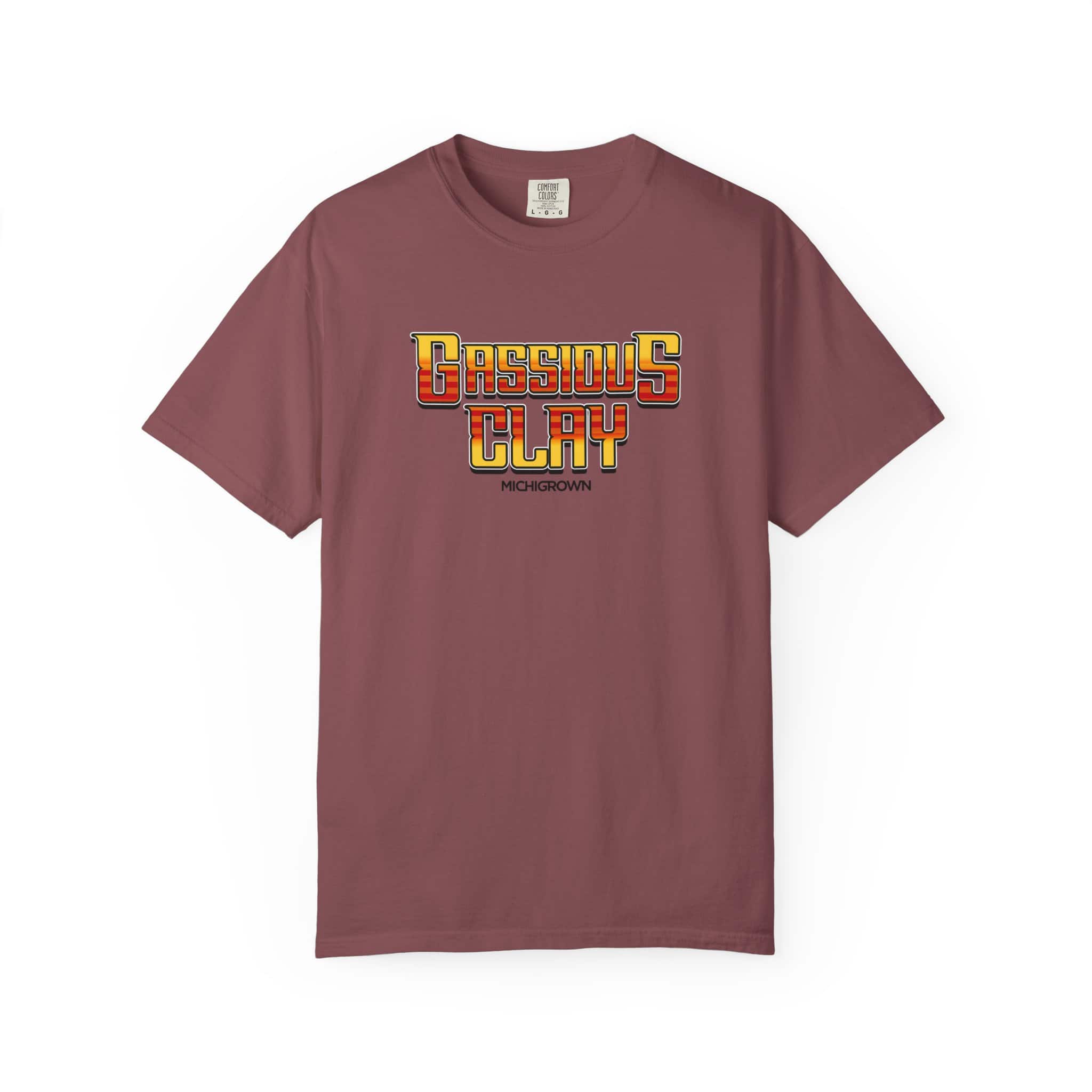 Maroon Gassious Clay T-shirt with bold logo design.