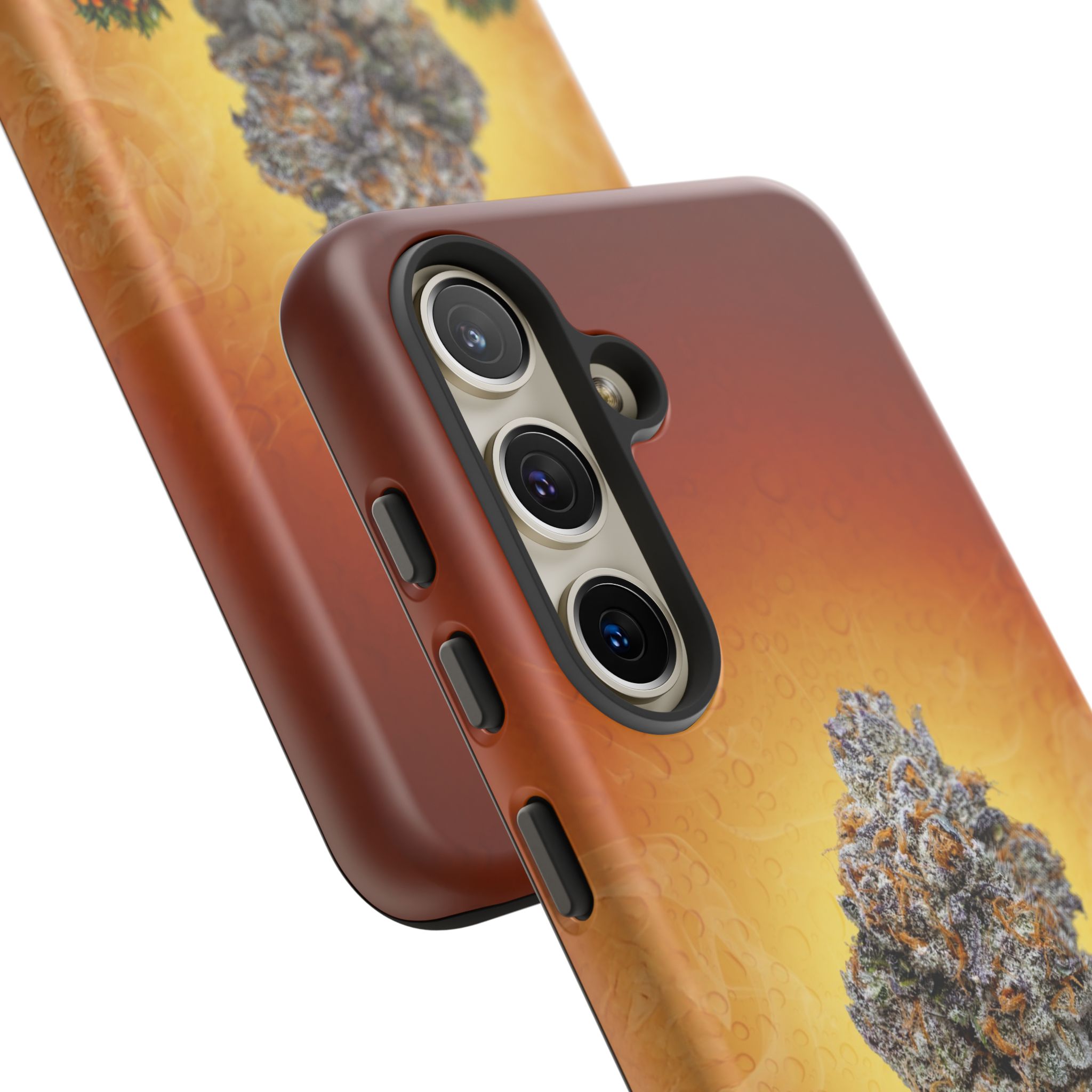 Phone case with cannabis plant design for iPhone, brown color, protective cover.