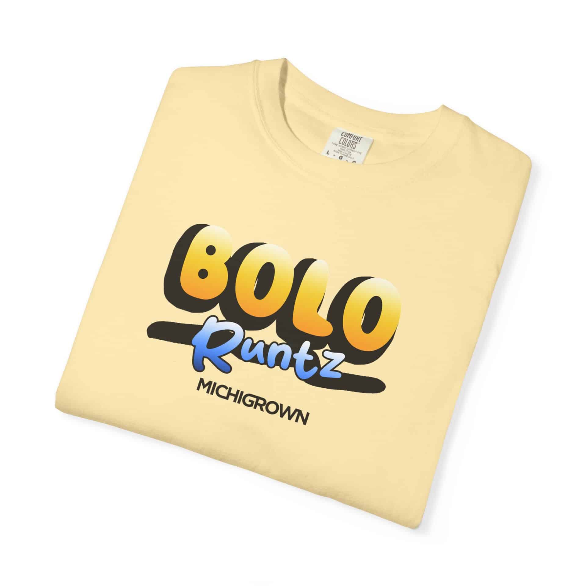 Cream-colored T-shirt with Bolo Runtz Michigan logo in bold letters.
