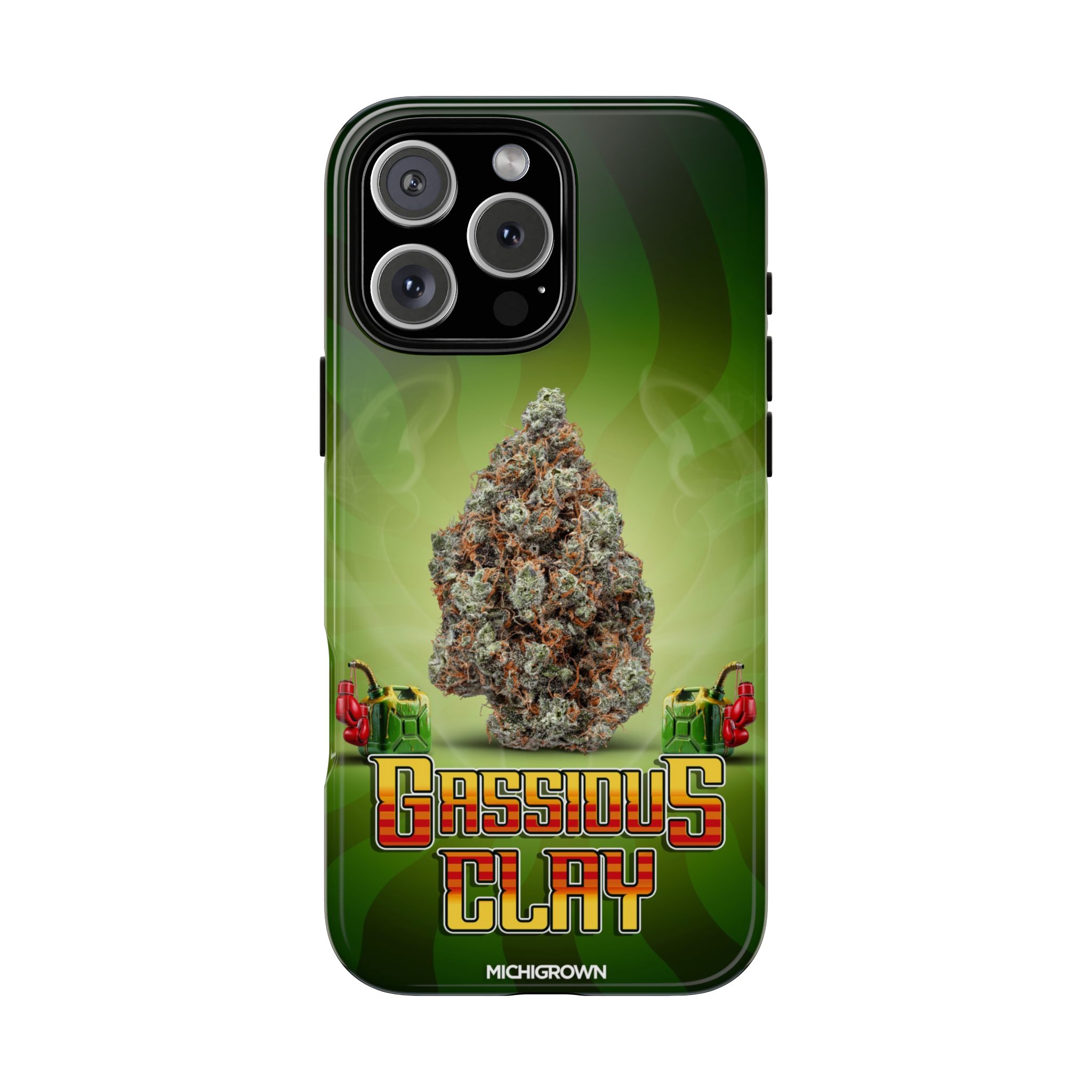 Phone case with Gassious Clay logo and cannabis image.