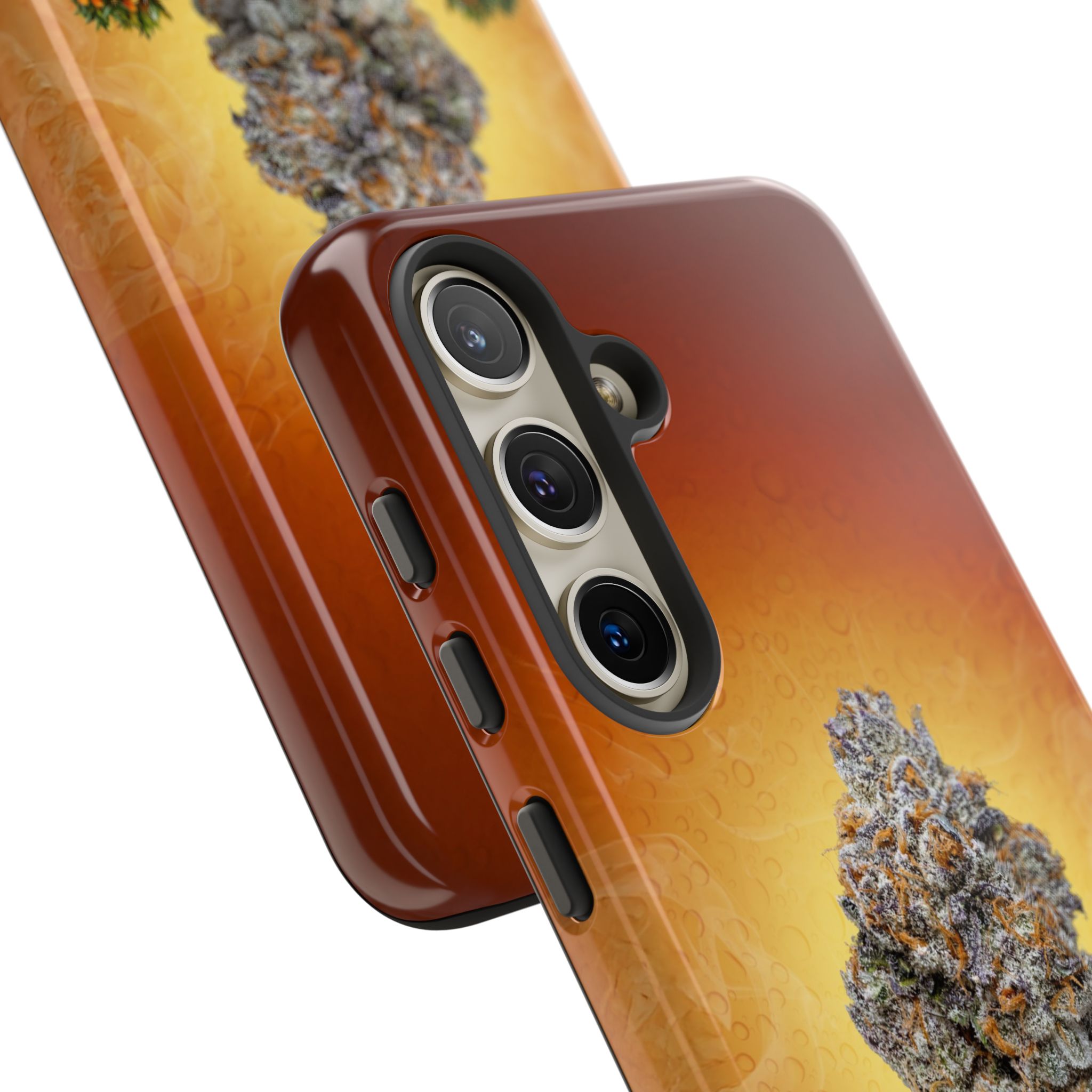 Close-up of GELONADE phone case featuring cannabis plant artwork.