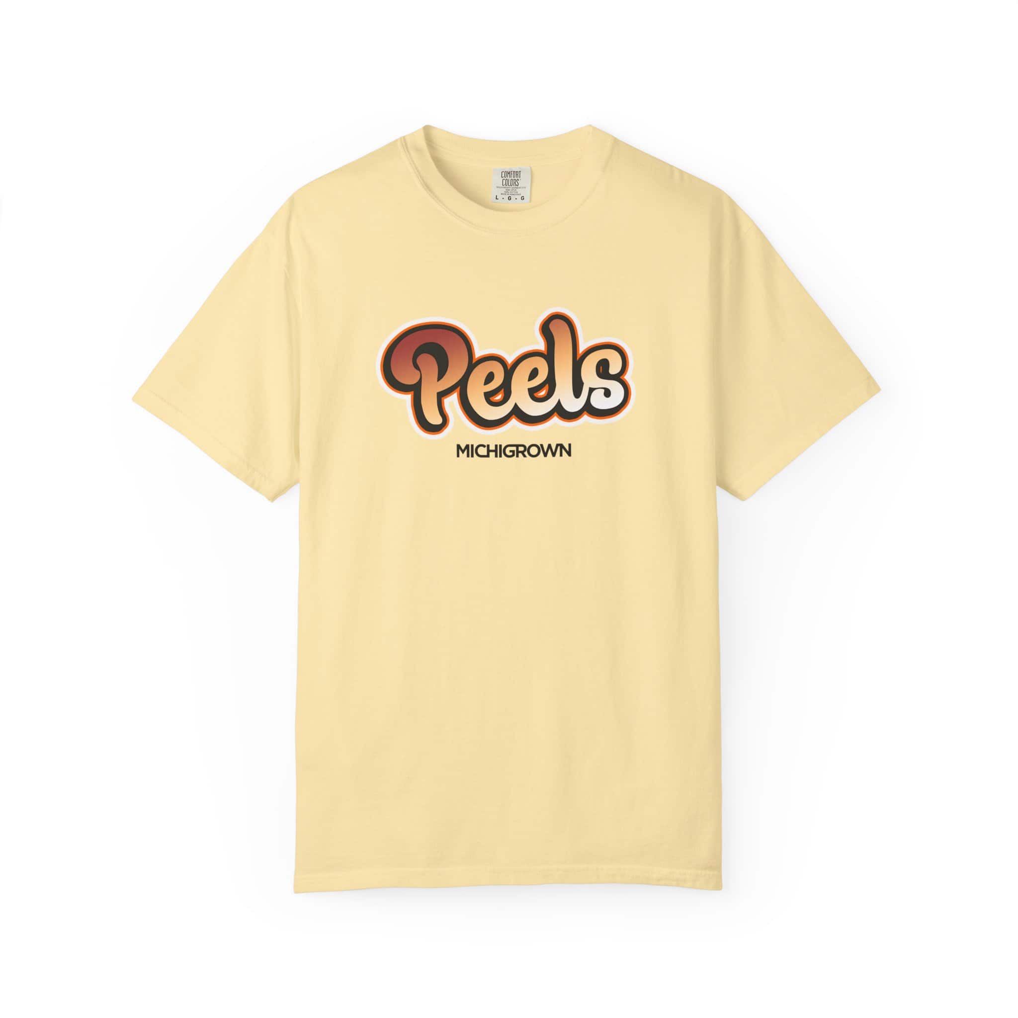 Yellow T-shirt with Peds Michigrown logo in brown and black.