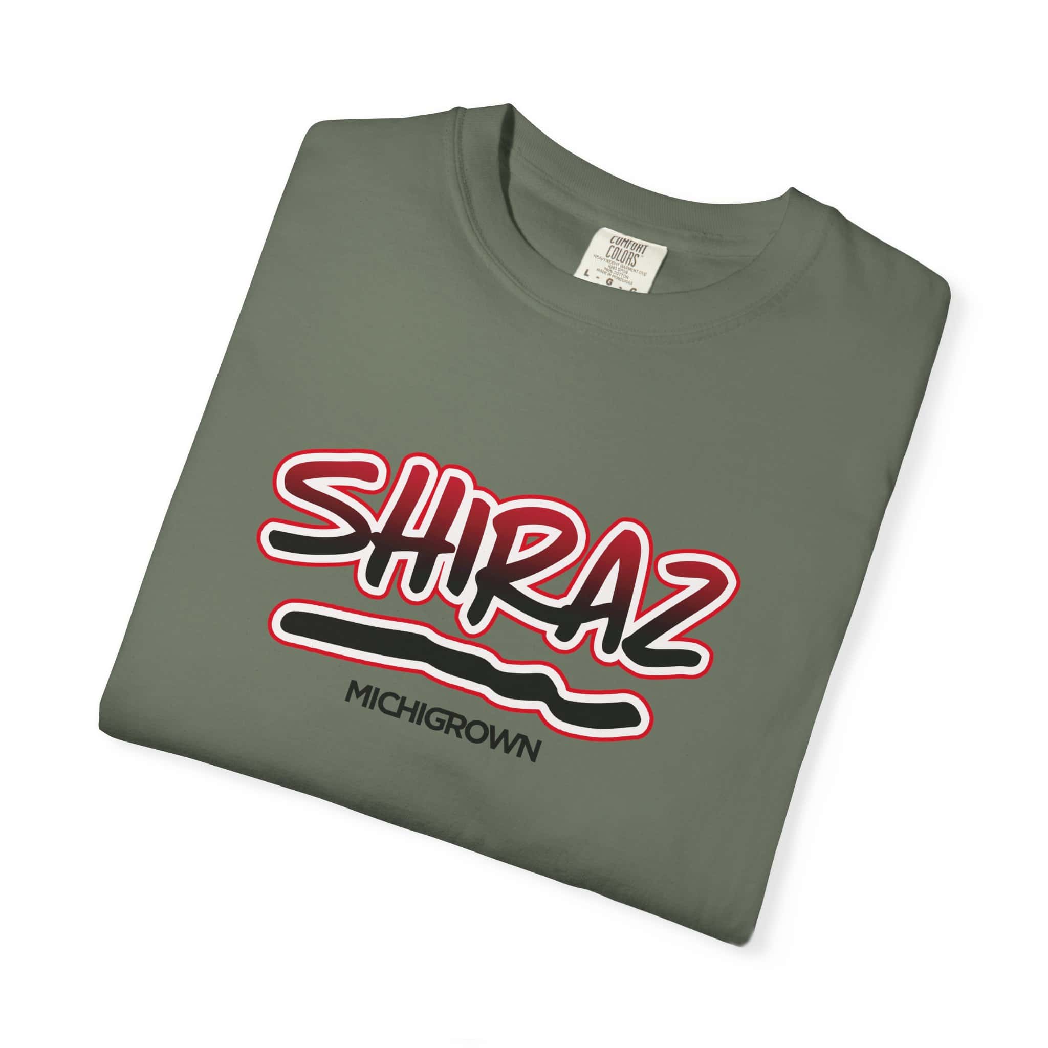 Gray Shiraz T-shirt with red and black Michigrown logo.