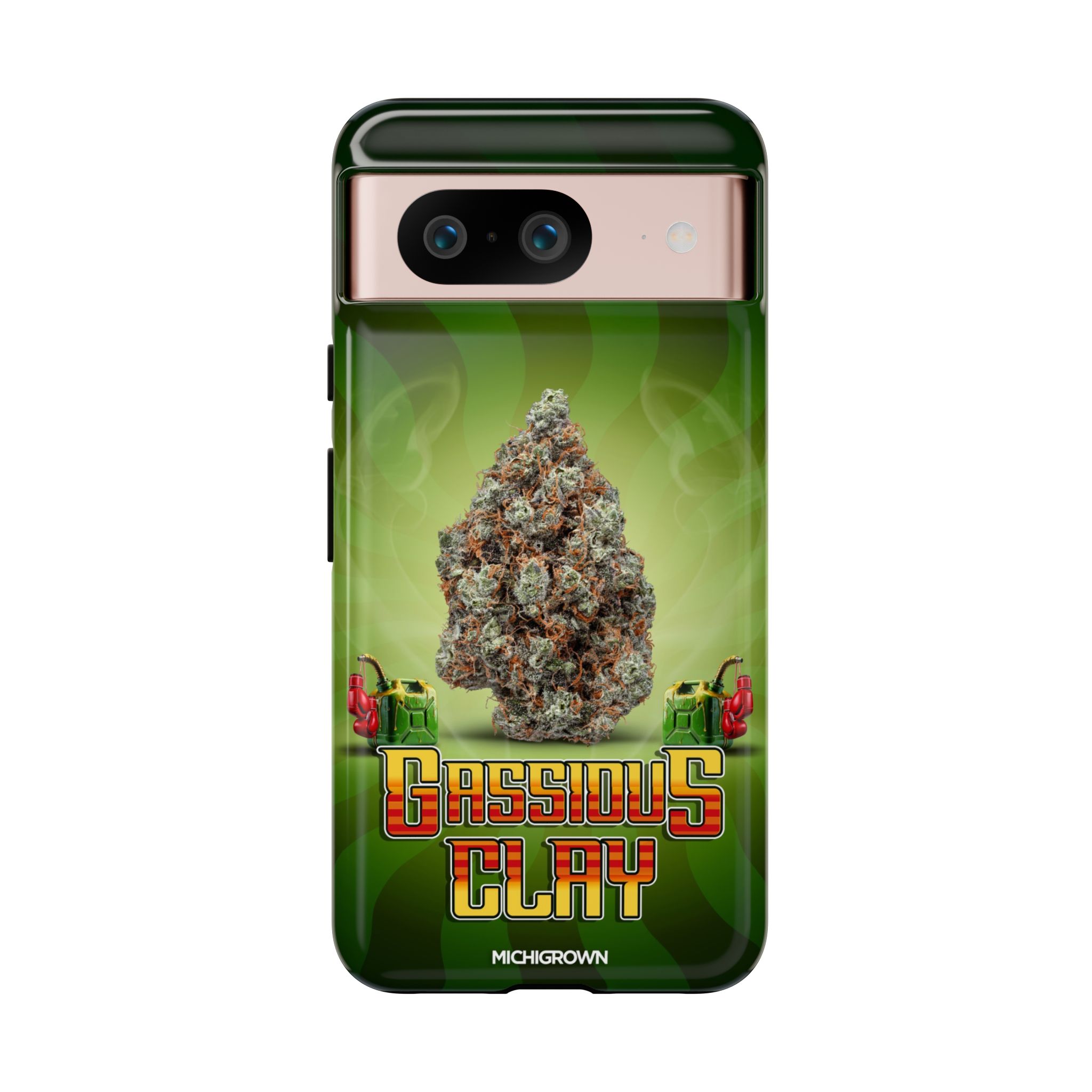 Phone case with GASSIOUS CLAY logo and cannabis imagery.