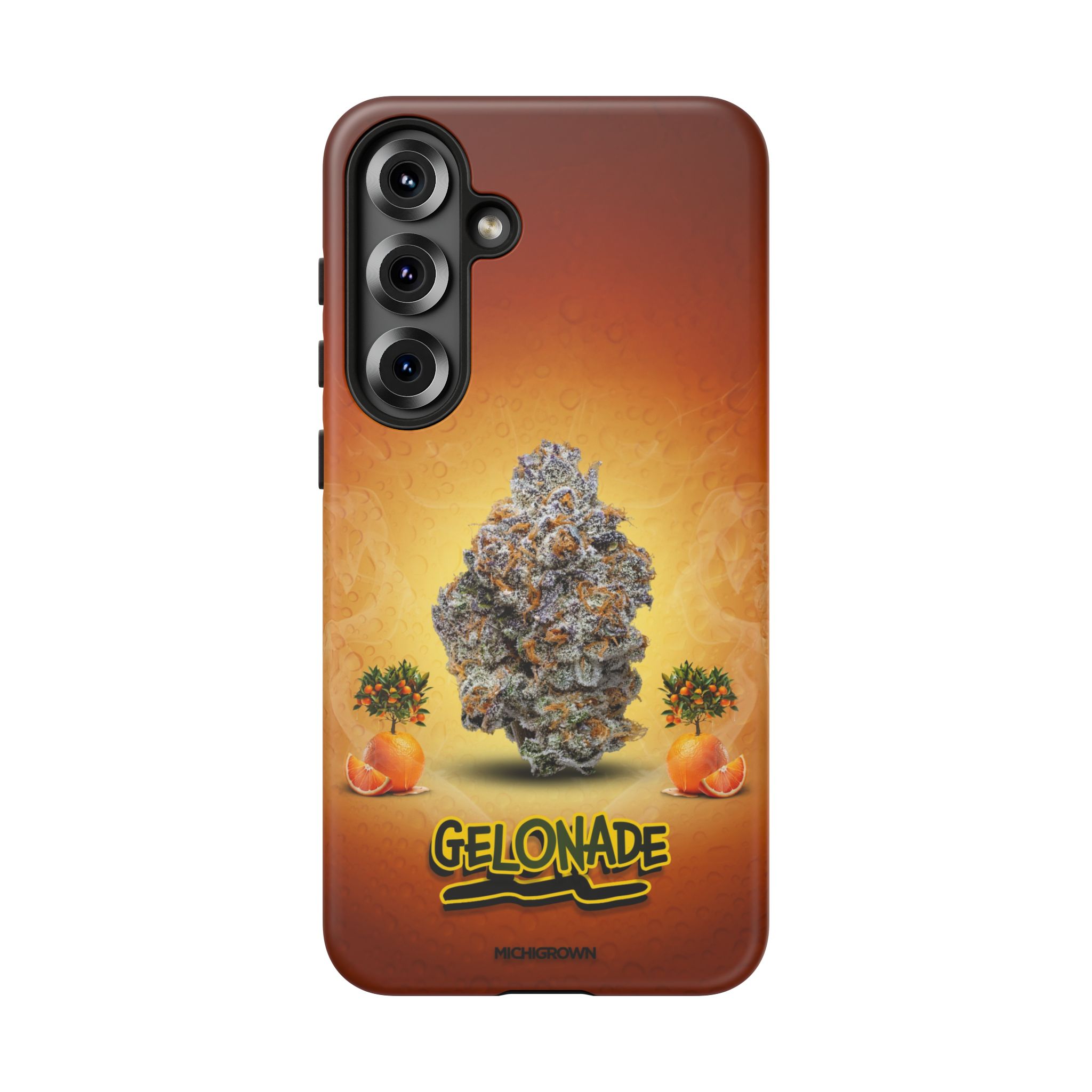 Phone case featuring cannabis bud and GELONADE logo for Michigan cannabis culture.