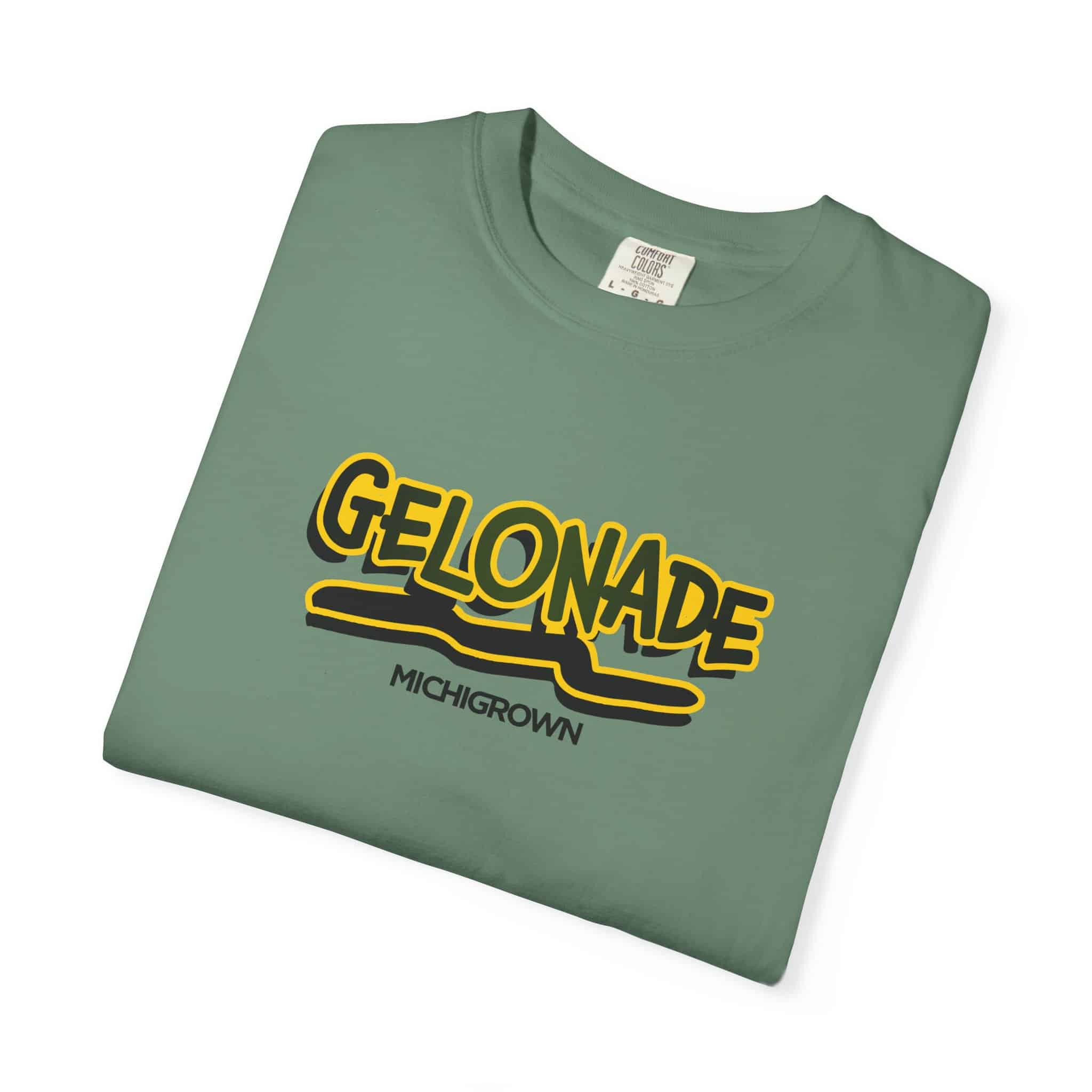 Green Gelonade T-shirt with yellow and black logo from Michigrown.