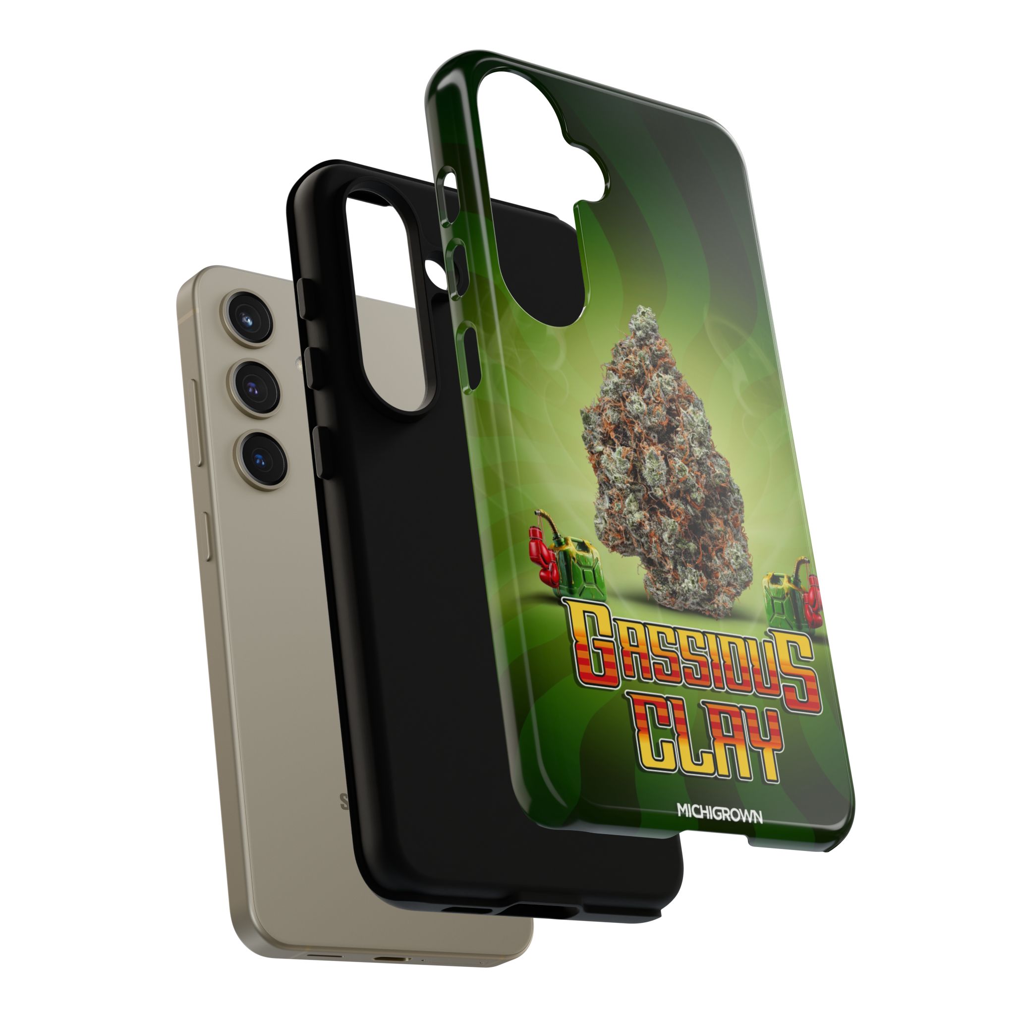Custom Gassious Clay phone case with cannabis strain graphic for iPhone.