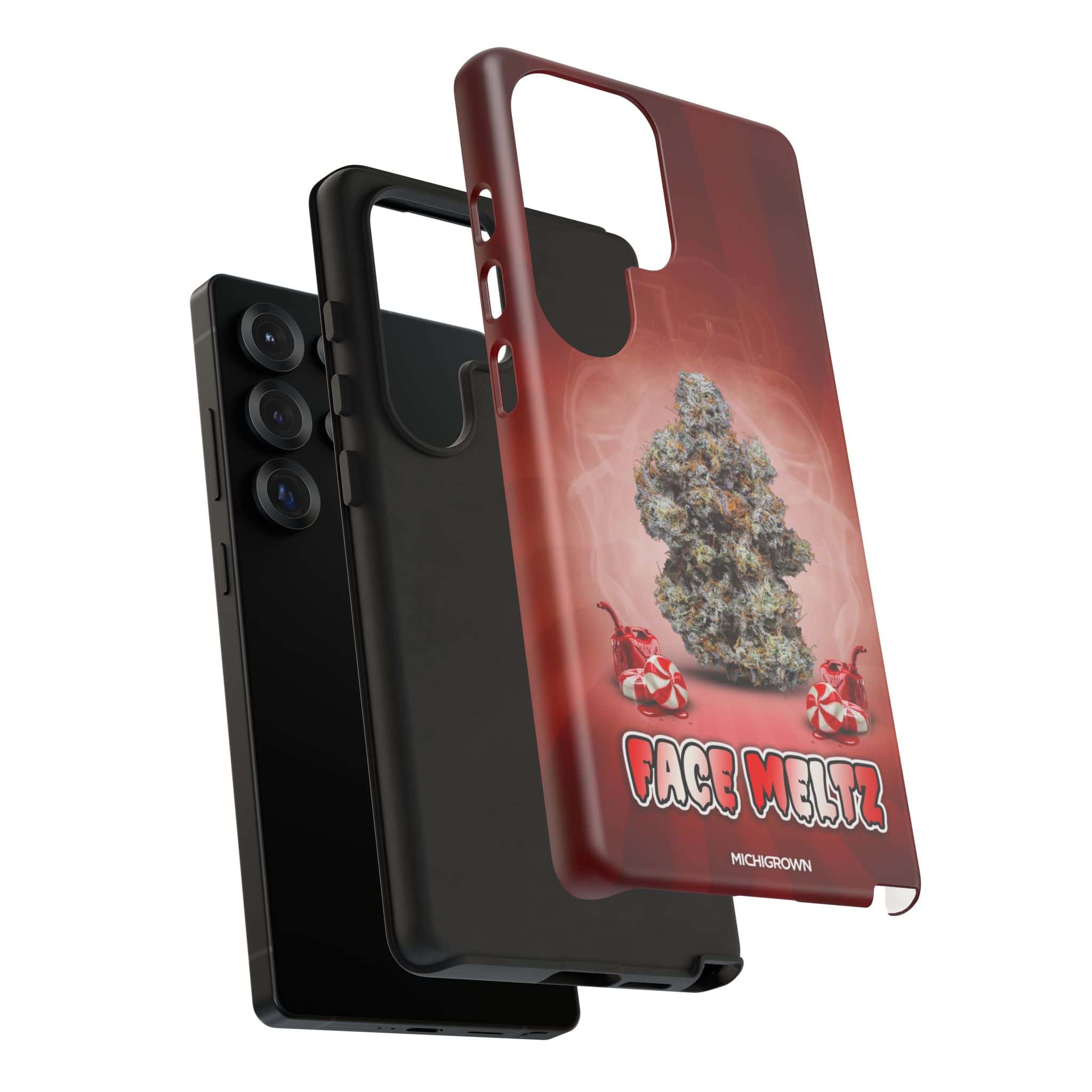Cannabis-themed phone case with face meltz logo and marijuana leaf design.