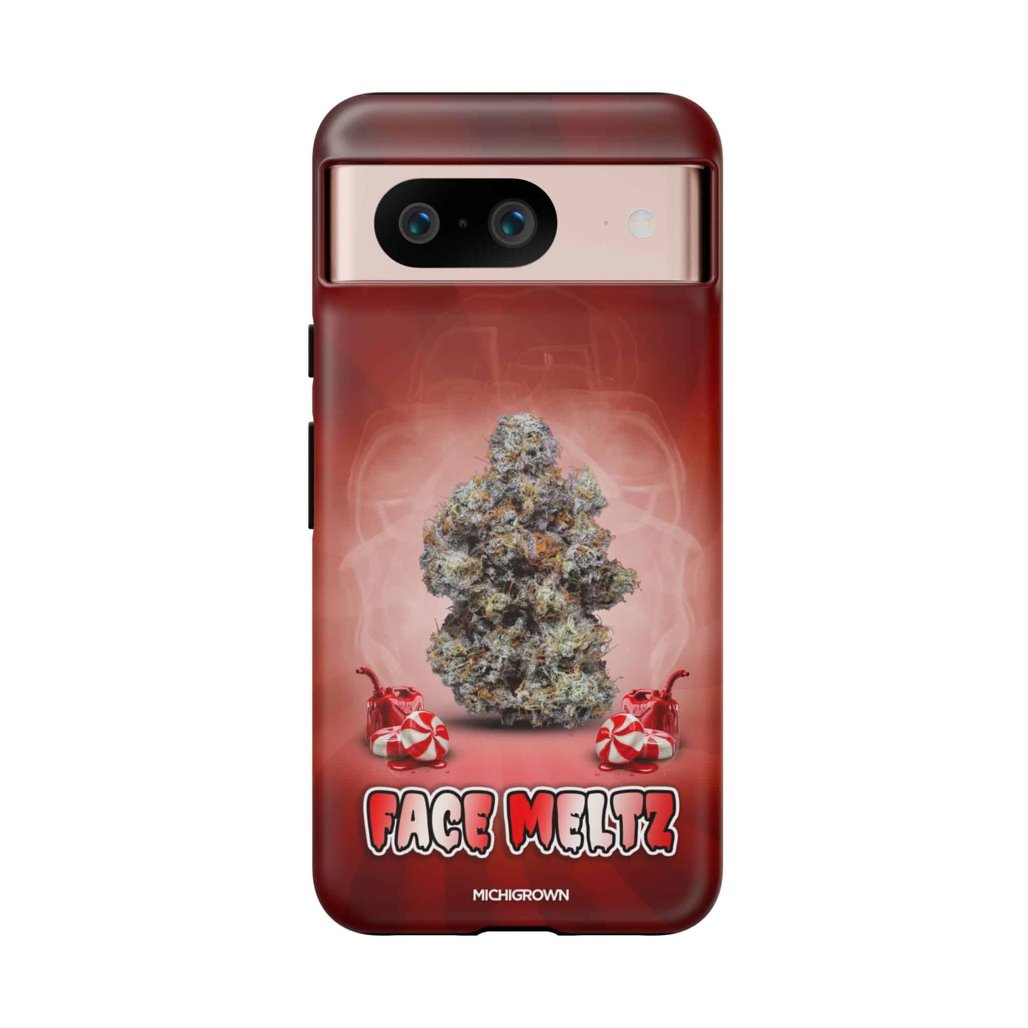 Red phone case with cannabis bud and FACE MELTZ logo design.
