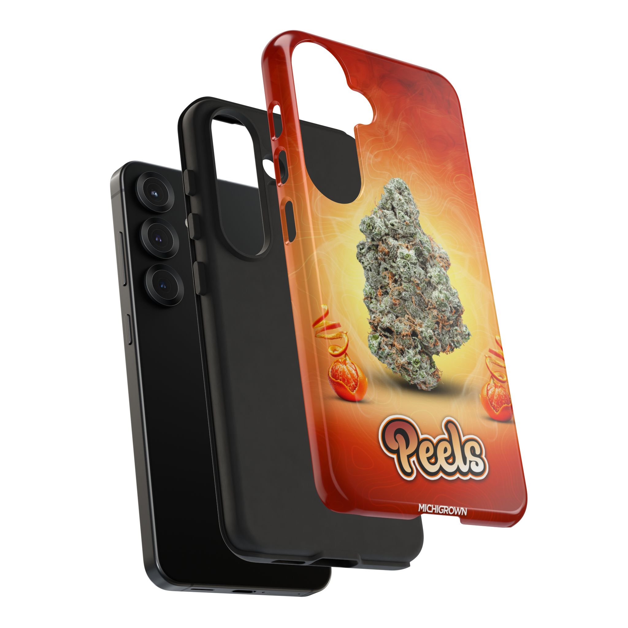 Red phone case with cannabis bud design for iPhone.