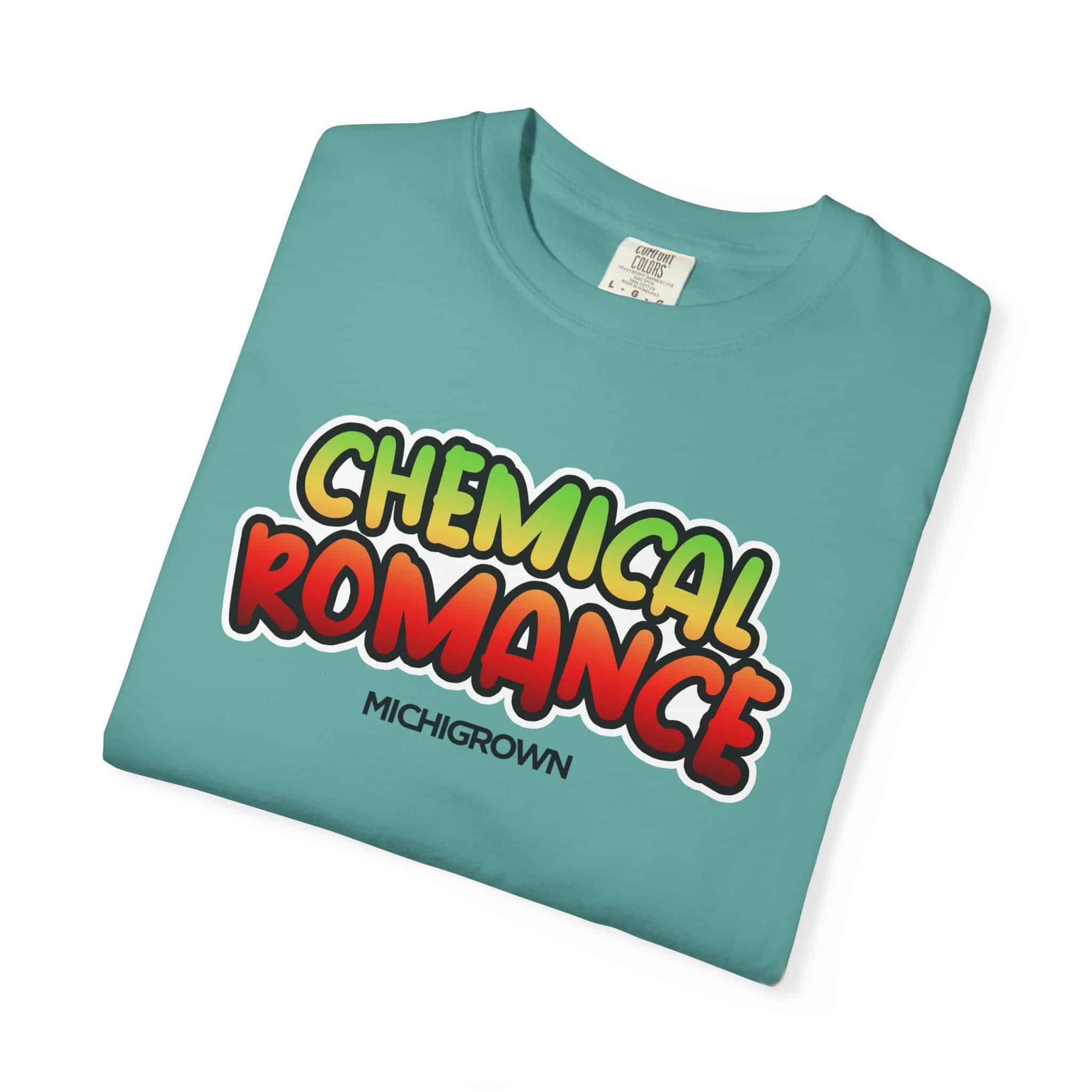Light blue T-shirt with 'Chemical Romance' graphic design and 'Michigrown' logo.