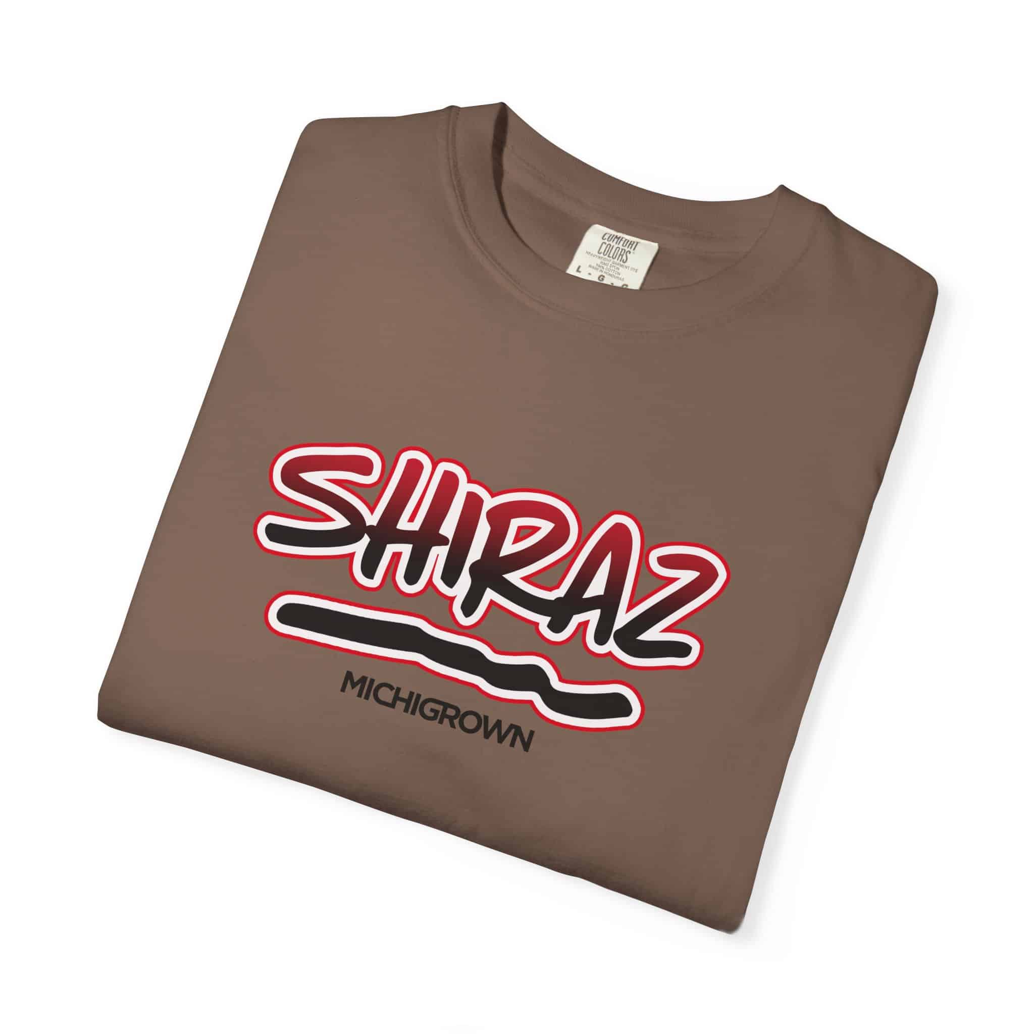 Brown Shiraz T-shirt with red and black Michigrown logo.