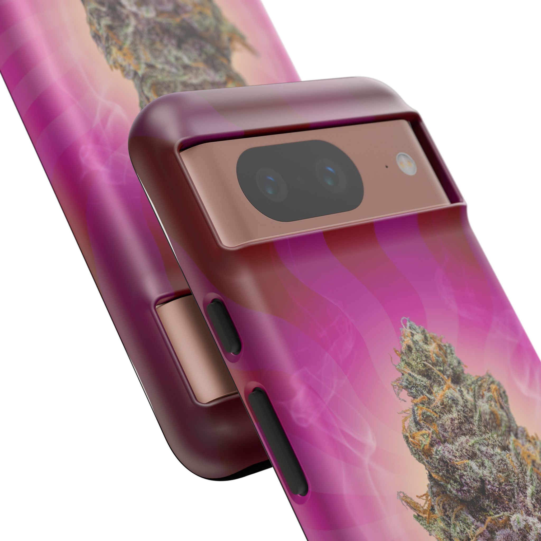 Close-up of a phone with a cannabis-themed Michigrown phone case.
