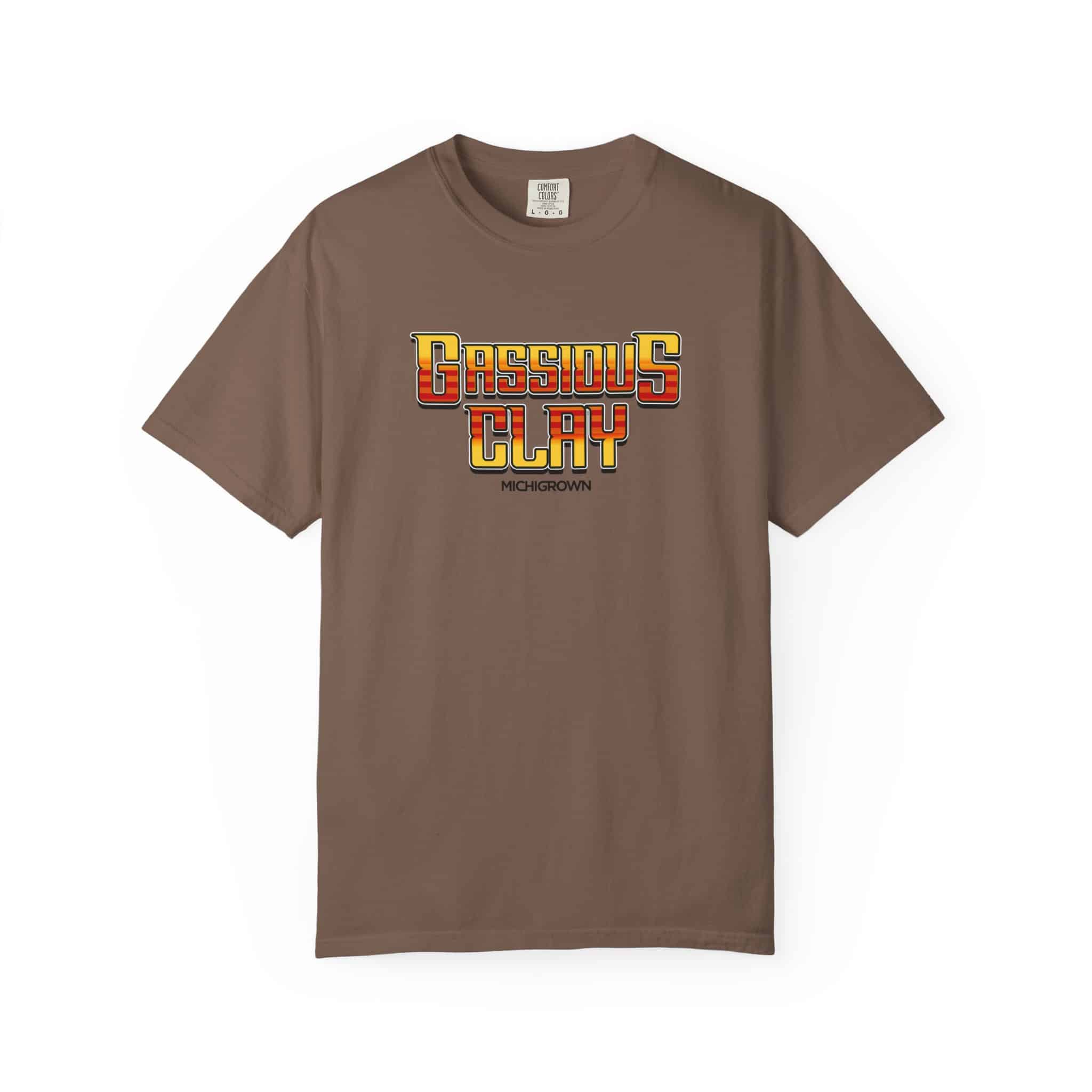 Brown Gassious Clay T-shirt with bold logo design.
