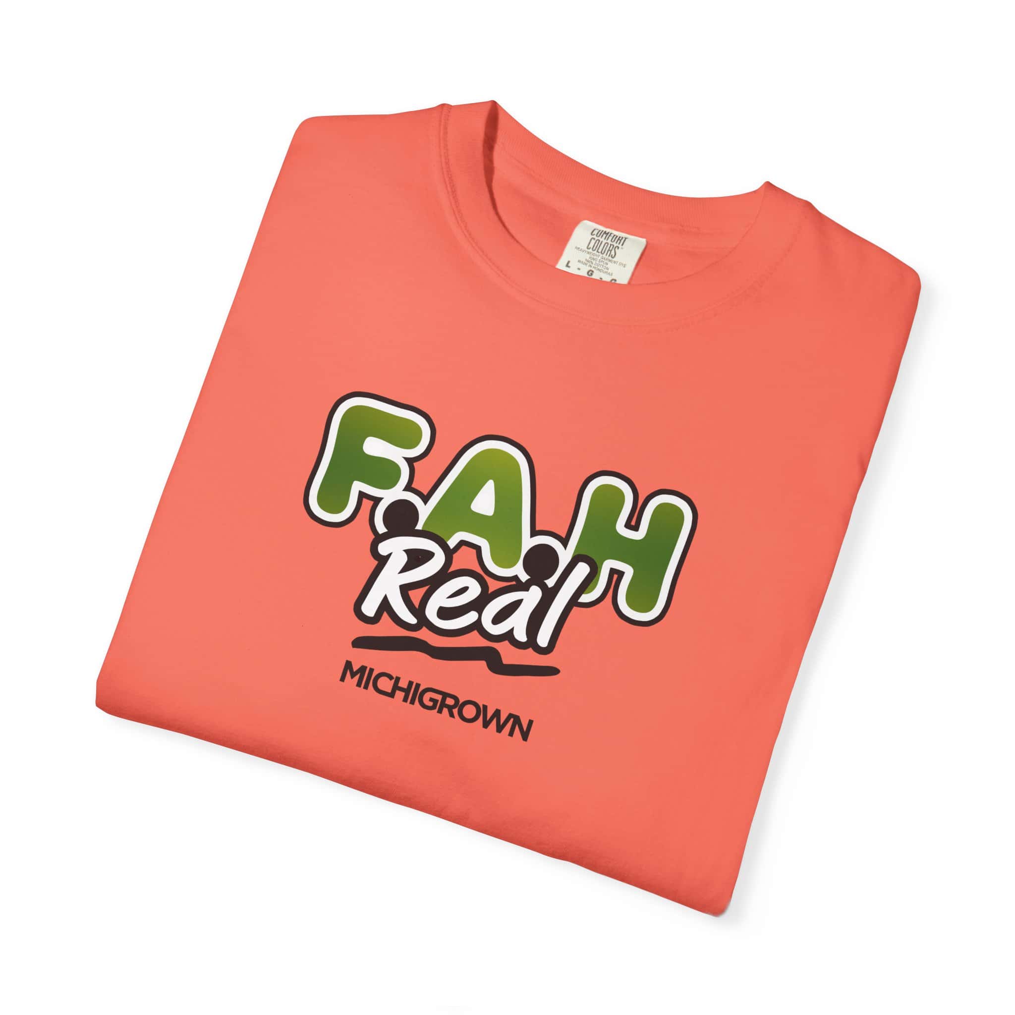 Coral pink F.A.H. T-shirt with green and white text design.