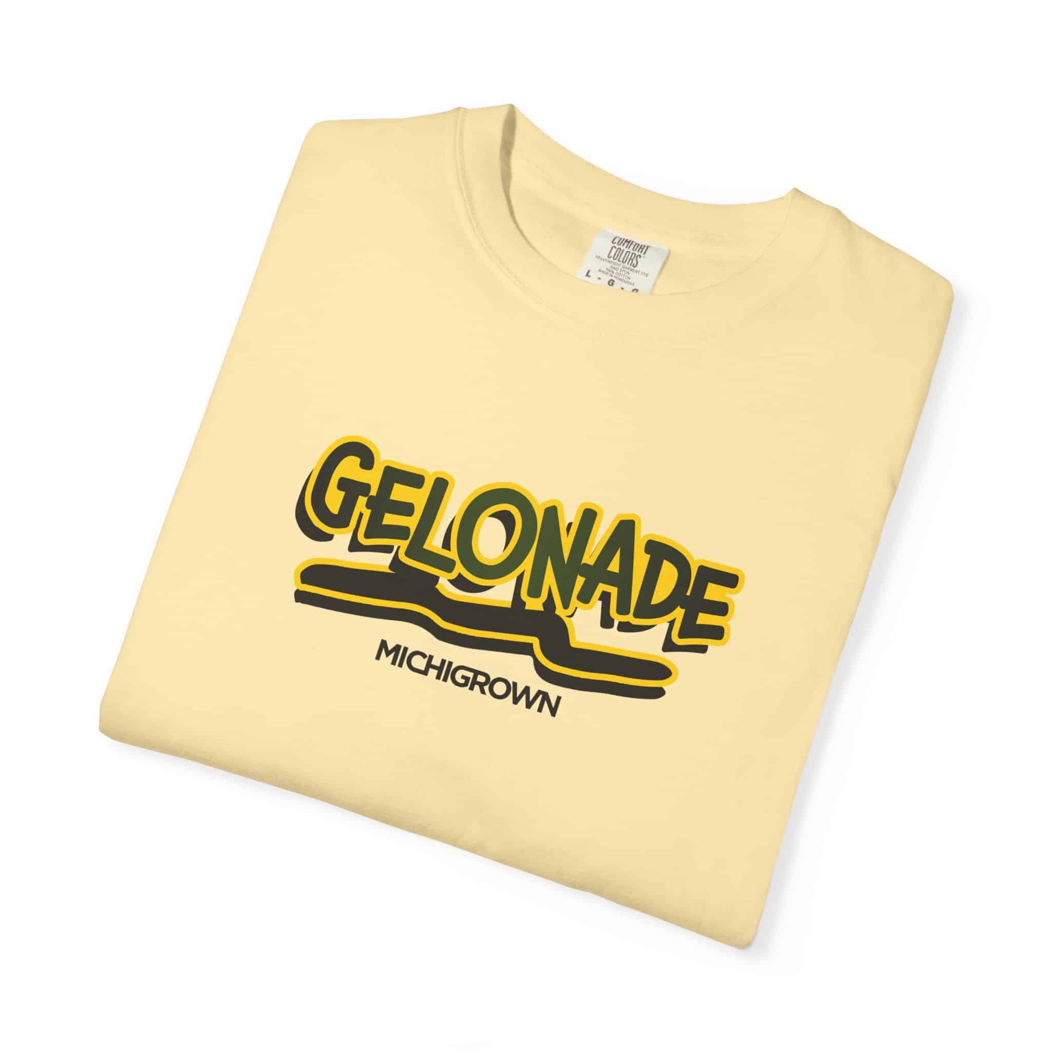 Cream-colored T-shirt with Gelonade logo and Michigrown branding.