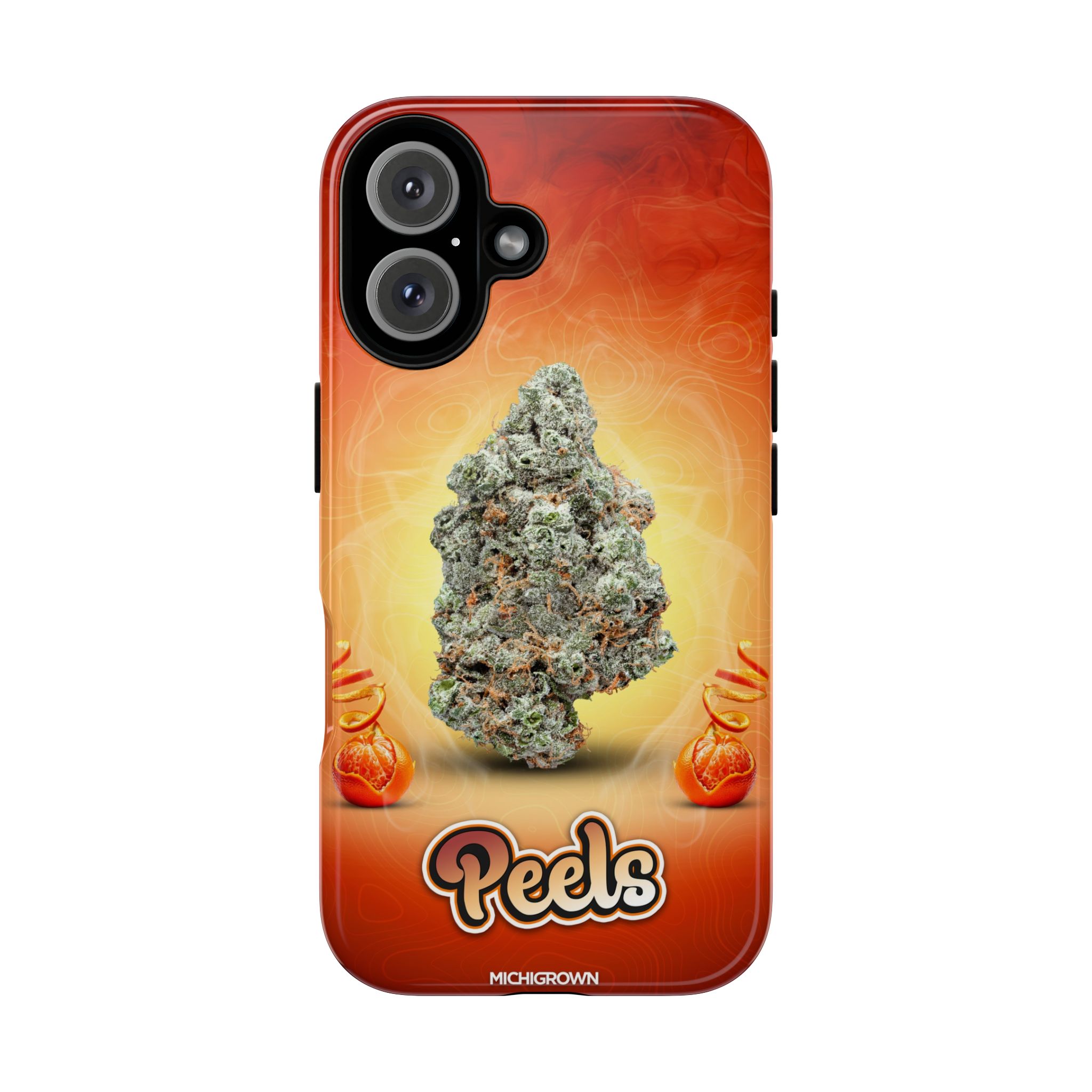 Phone case featuring cannabis bud and PEELS logo for PEELS PHONE CASE.