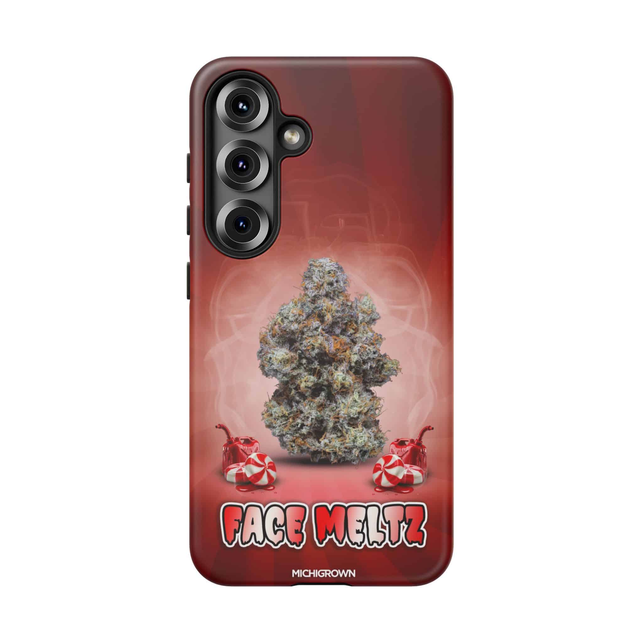Phone case with cannabis bud and Face Meltz logo for Tough Cases.
