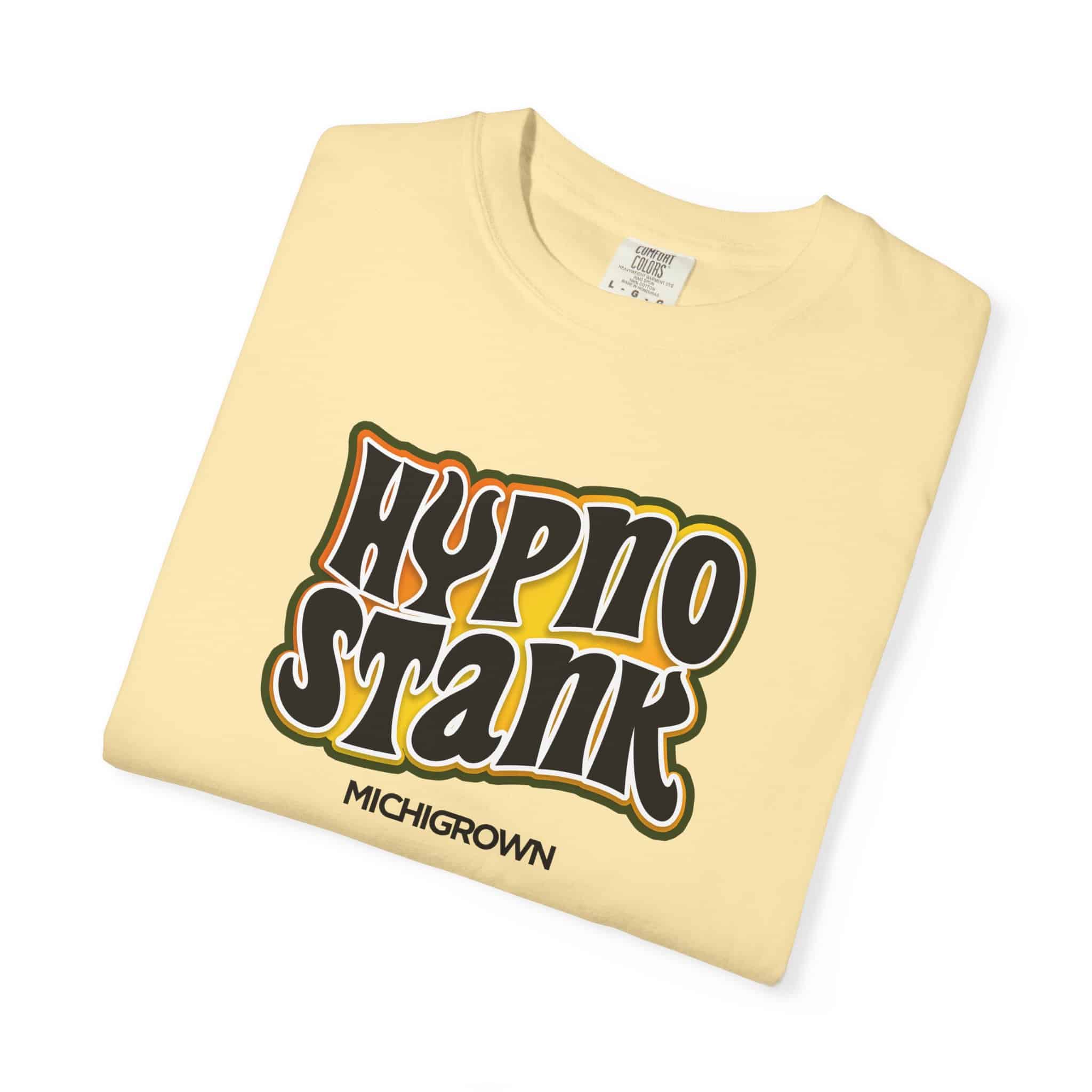 Cream-colored T-shirt with Hypno Stank graphic and Michigrown logo.